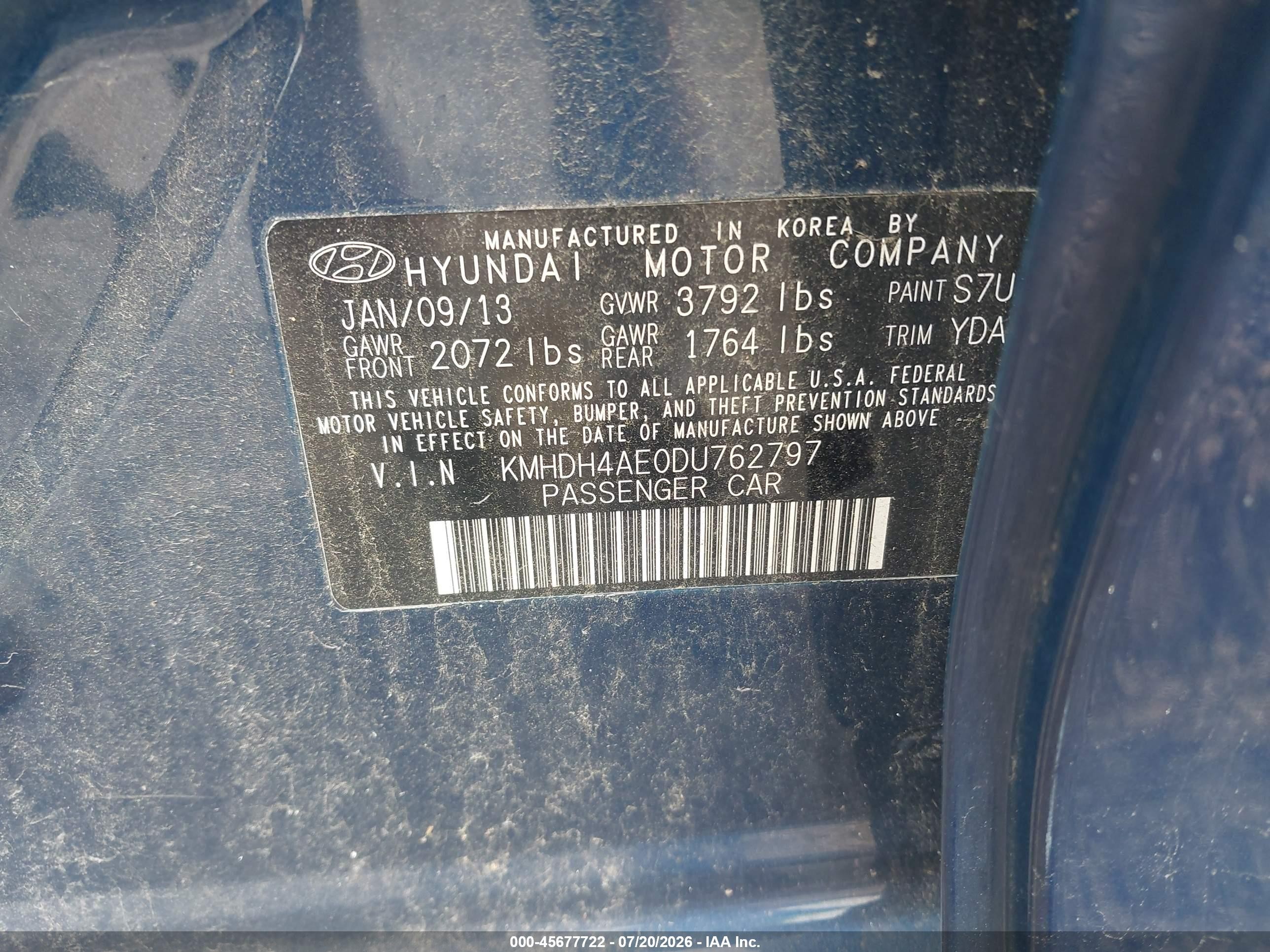 2013 Hyundai Elantra Gls Blue vin: KMHDH4AE0DU762797
