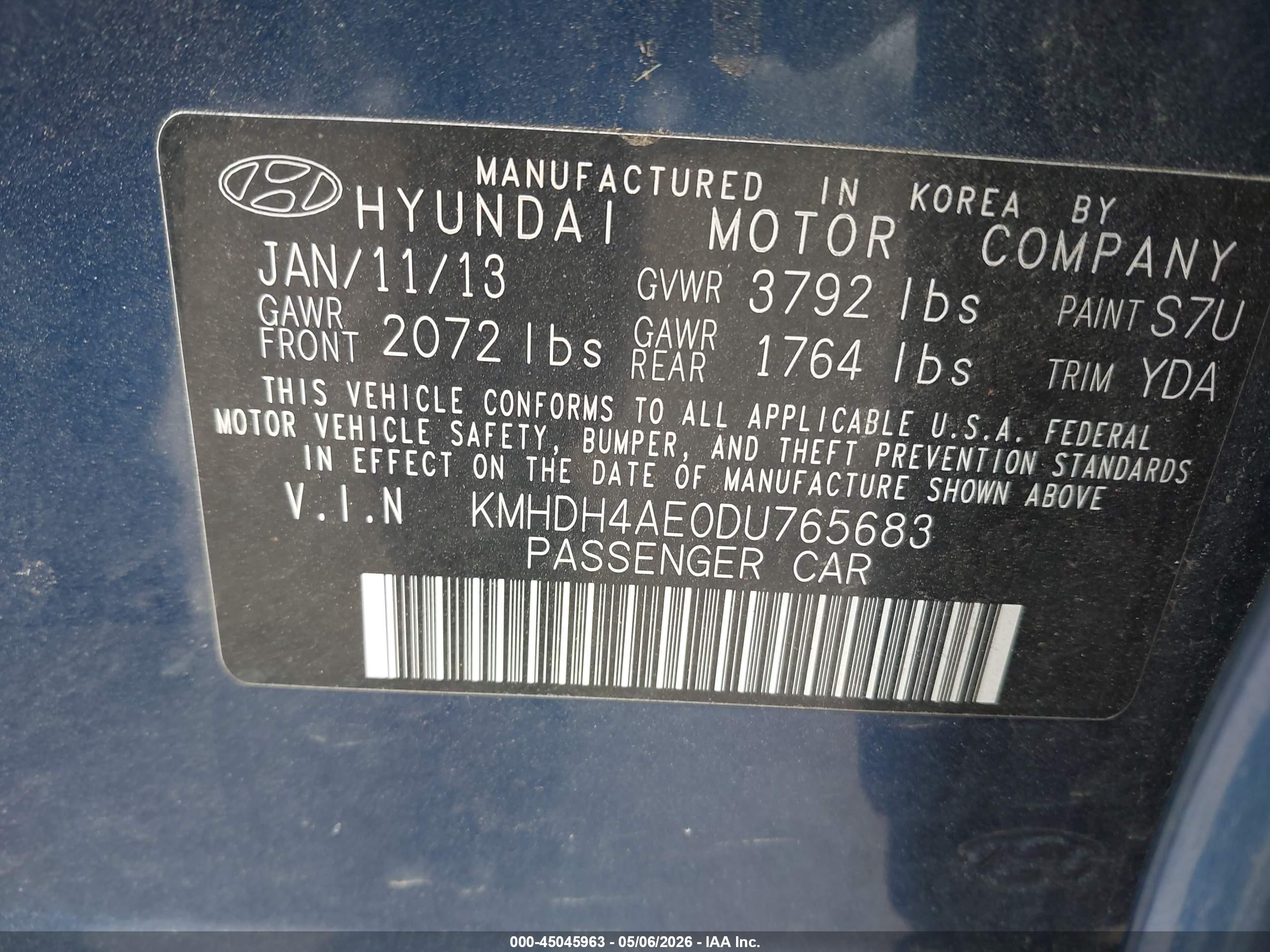 2013 Hyundai Elantra Gls Blue vin: KMHDH4AE0DU765683
