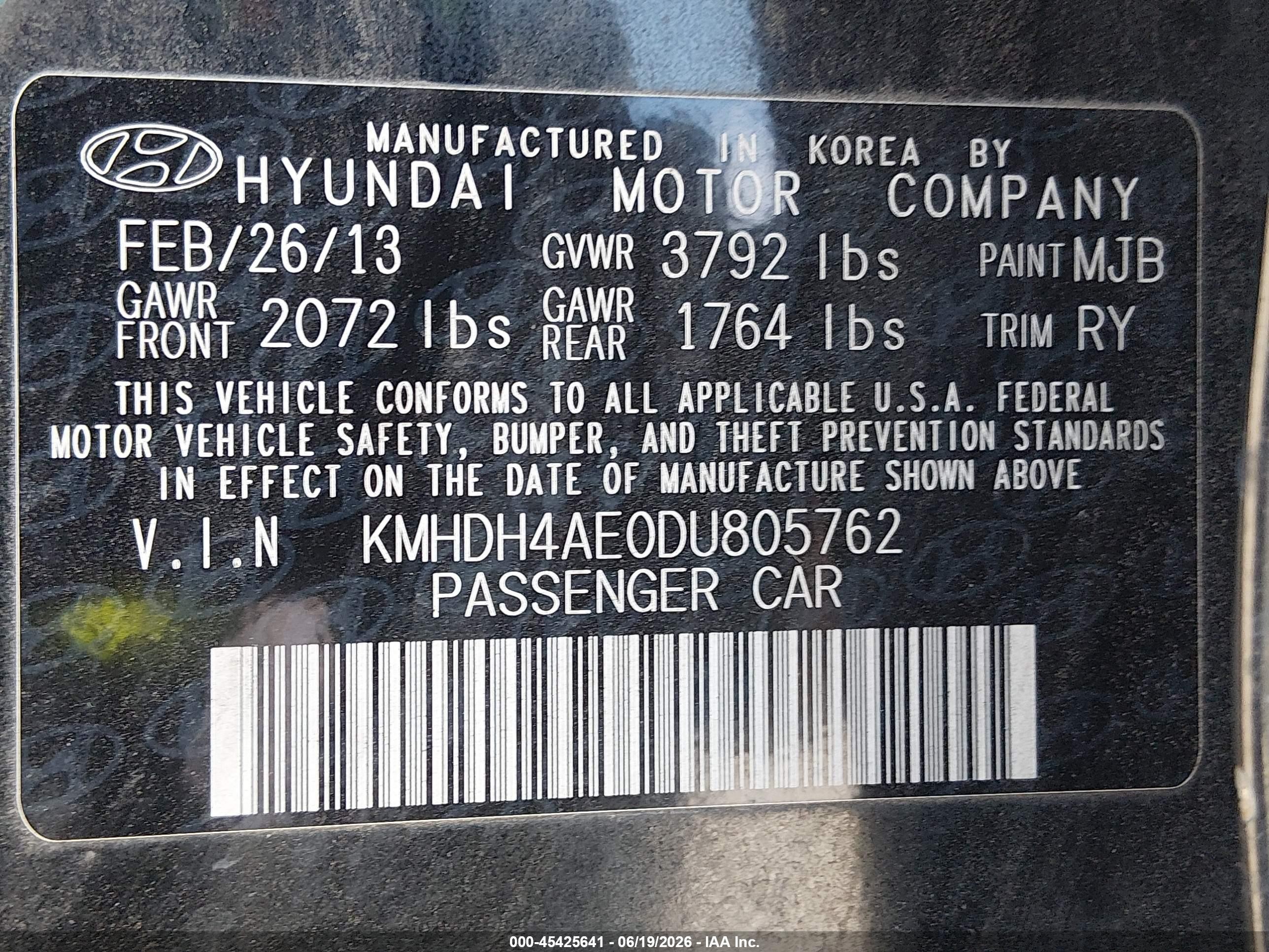 2013 Hyundai Elantra Limited Black vin: KMHDH4AE0DU805762