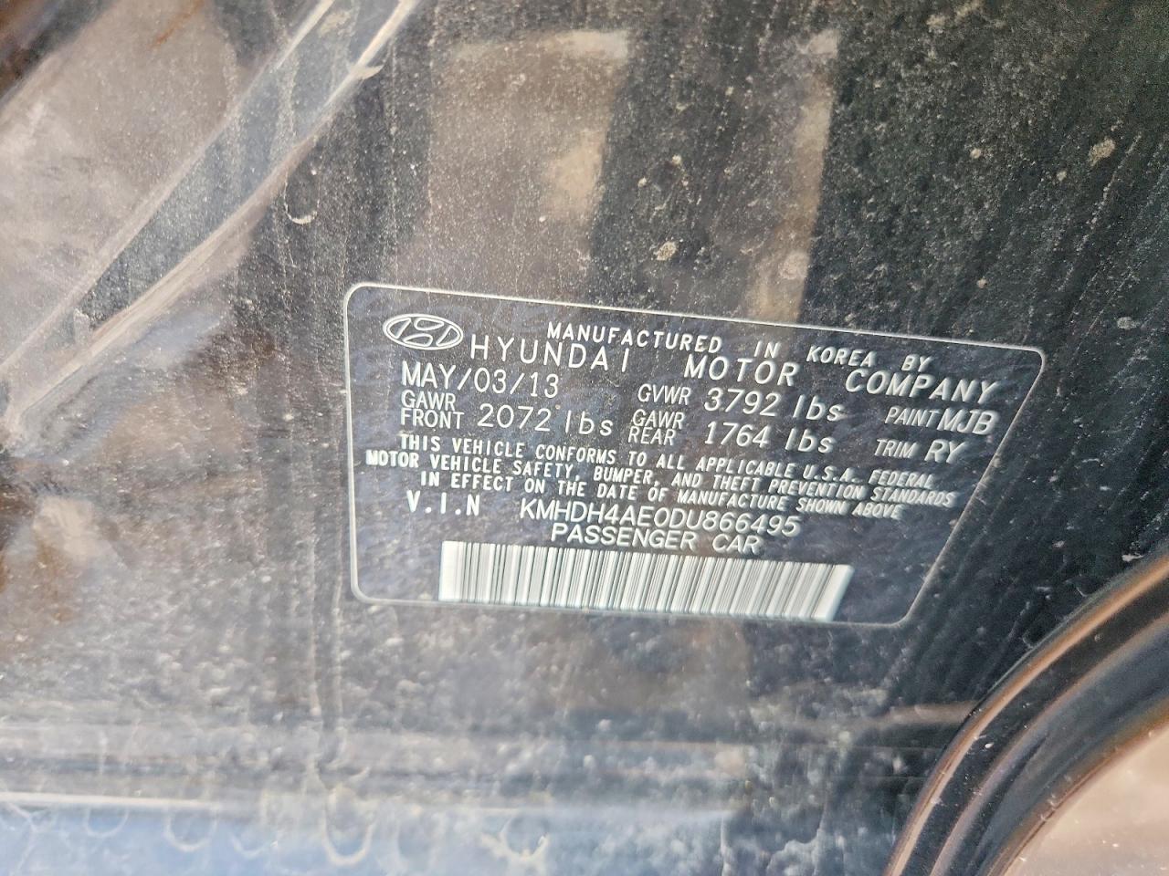 2013 Hyundai Elantra Black vin: KMHDH4AE0DU866495