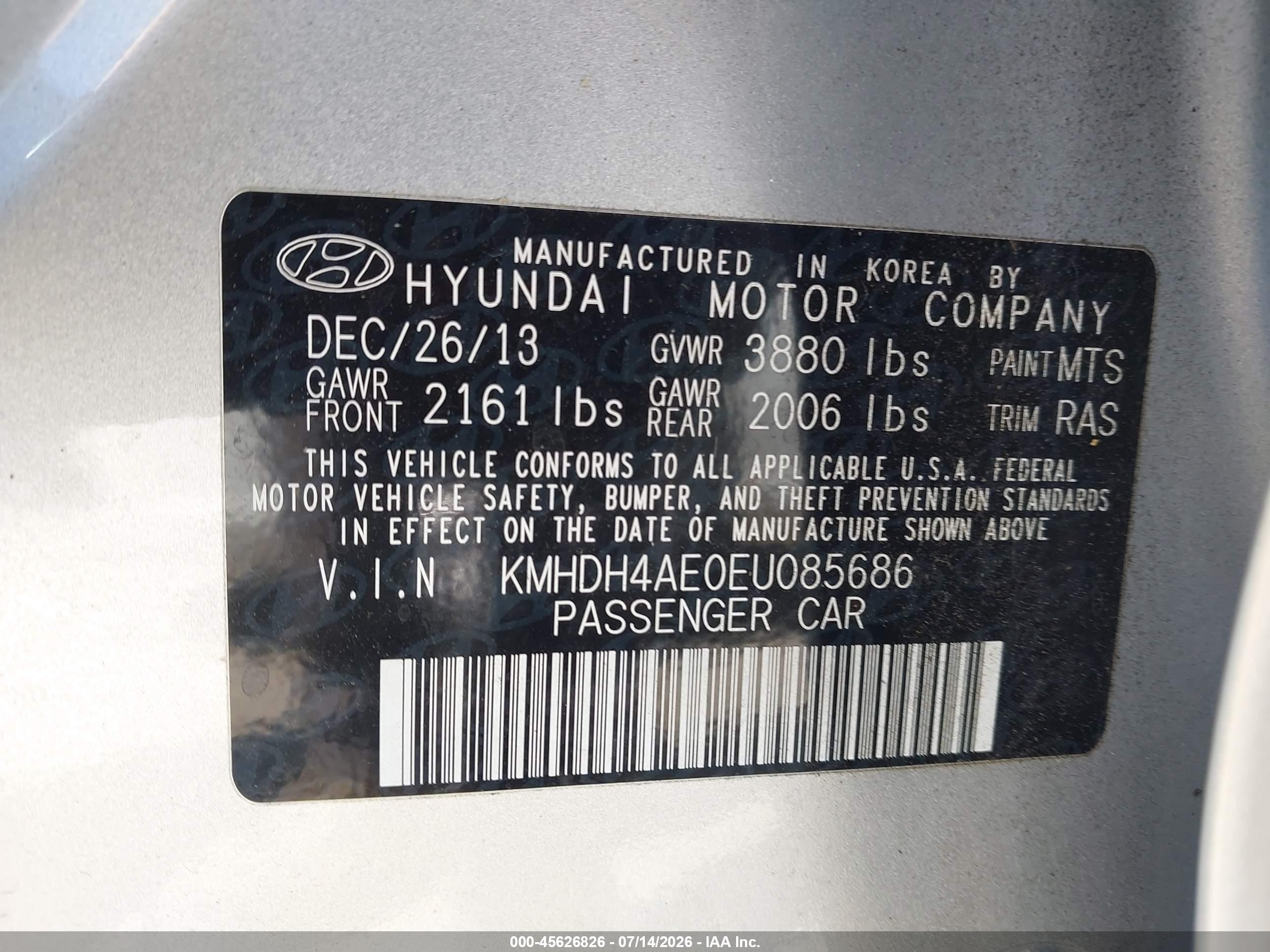 2014 Hyundai Elantra Se Silver vin: KMHDH4AE0EU085686
