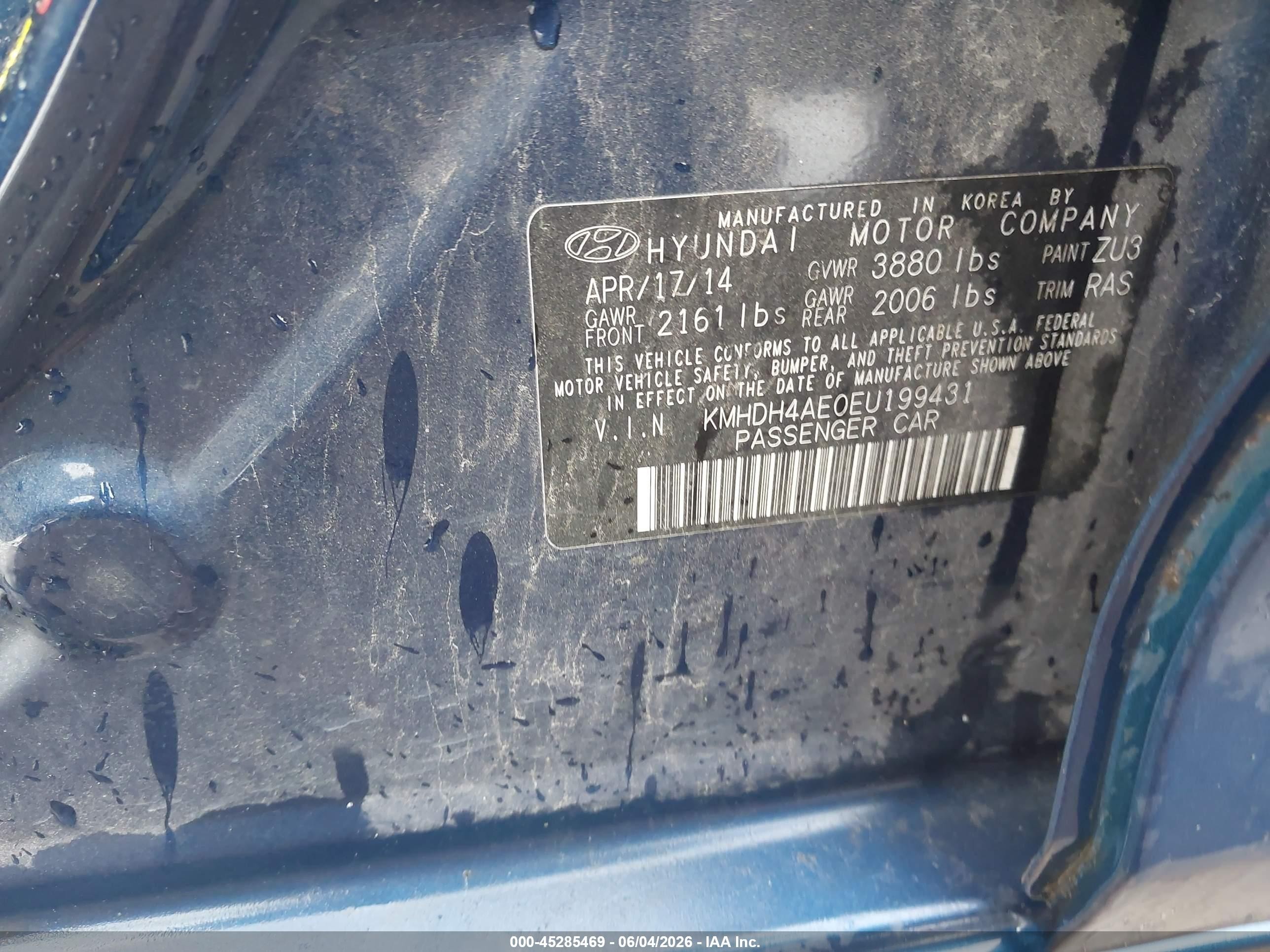 2014 Hyundai Elantra Se Blue vin: KMHDH4AE0EU199431