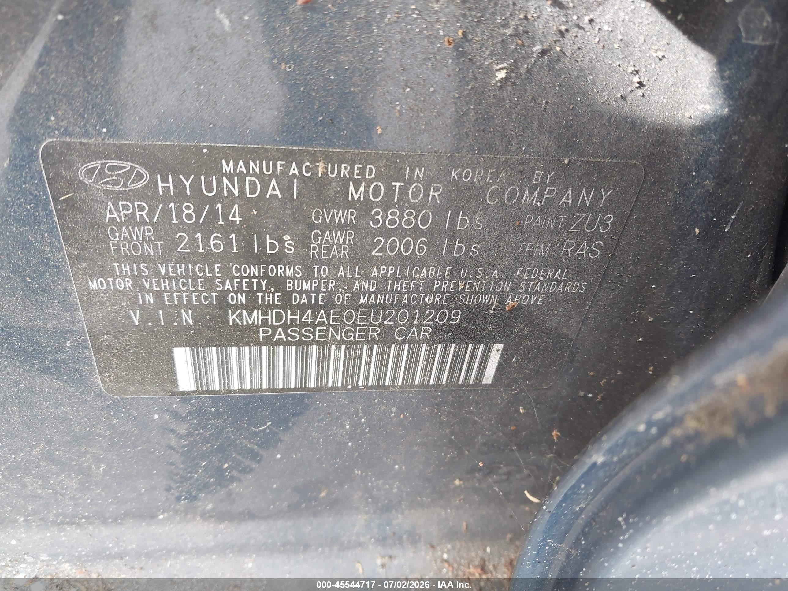 2014 Hyundai Elantra Se Blue vin: KMHDH4AE0EU201209