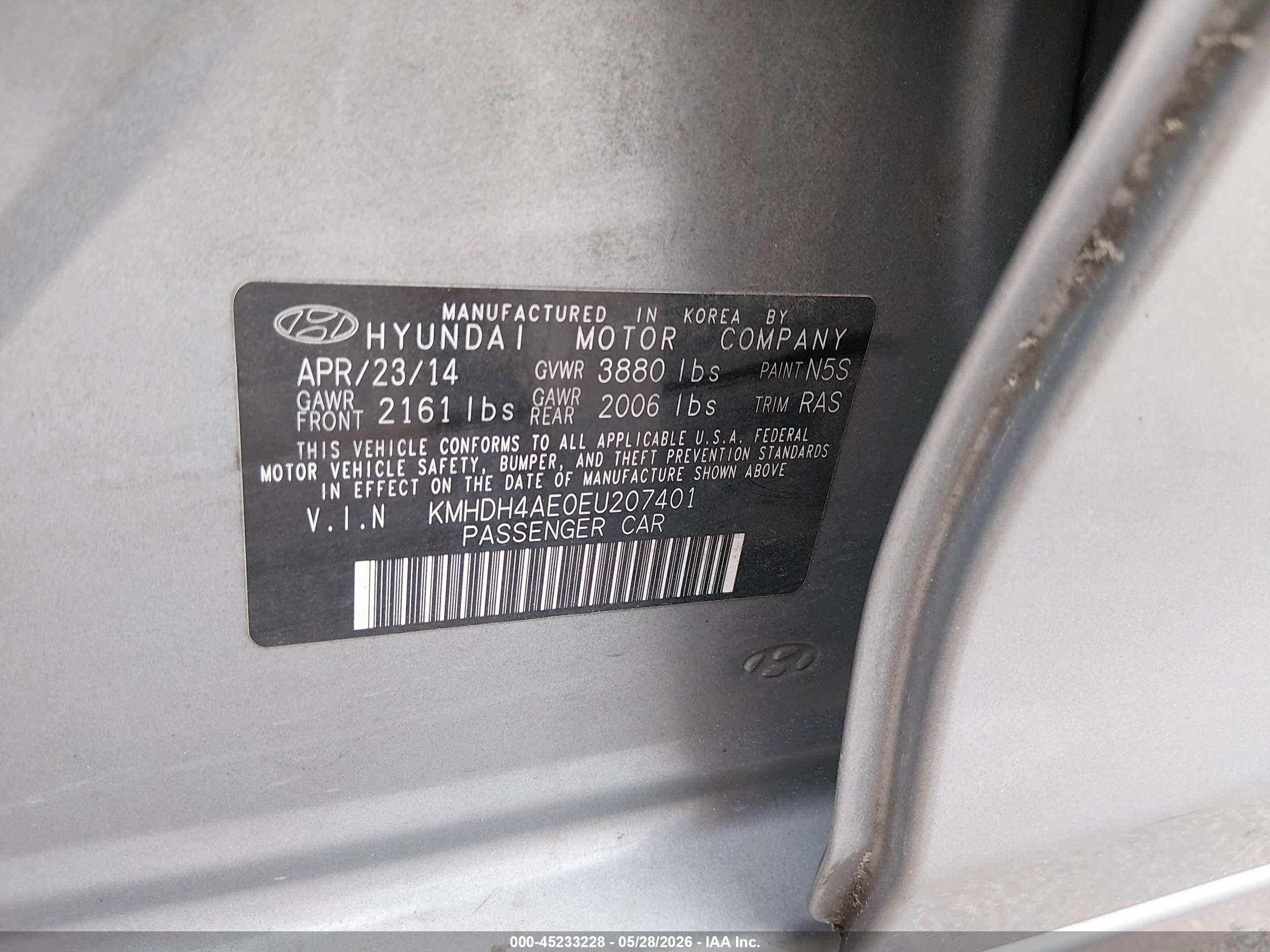 2014 Hyundai Elantra Se Silver vin: KMHDH4AE0EU207401