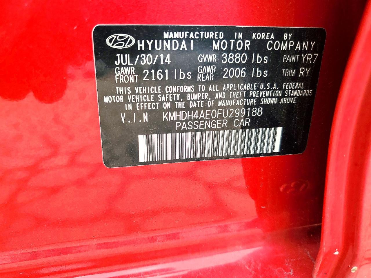 2015 Hyundai Elantra Se Red vin: KMHDH4AE0FU299188