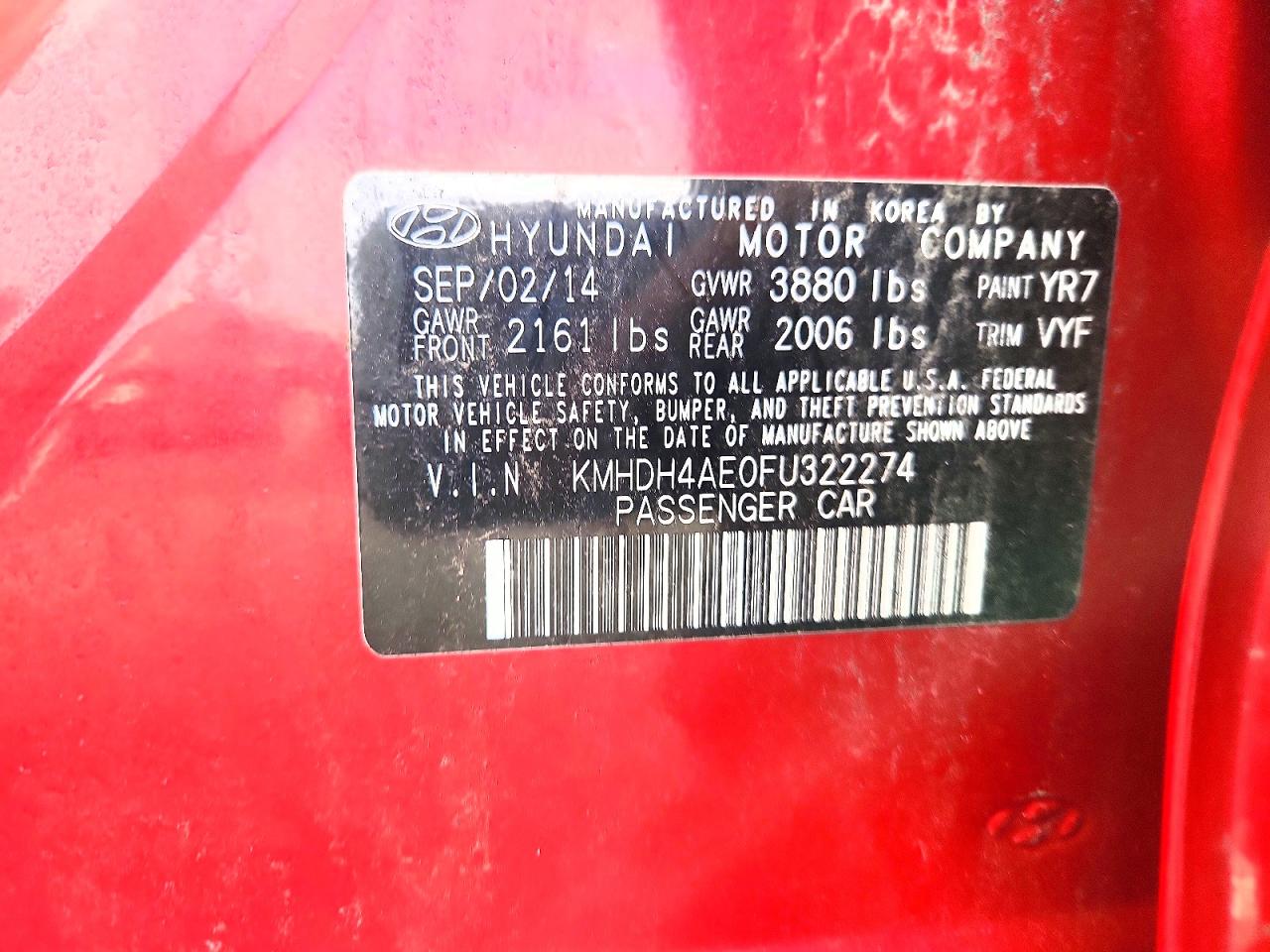 2015 Hyundai Elantra Red vin: KMHDH4AE0FU322274