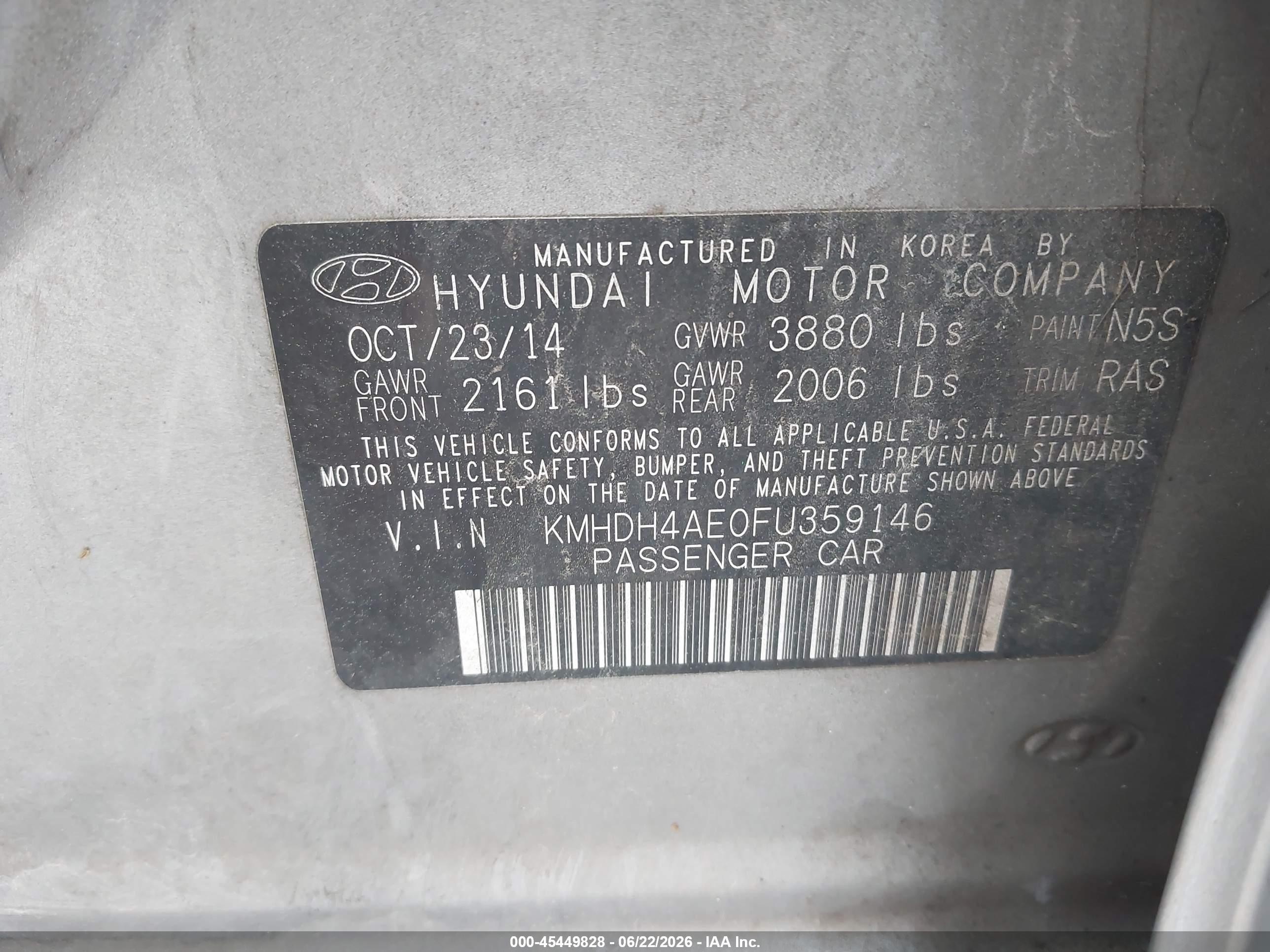 2015 Hyundai Elantra Se Gray vin: KMHDH4AE0FU359146