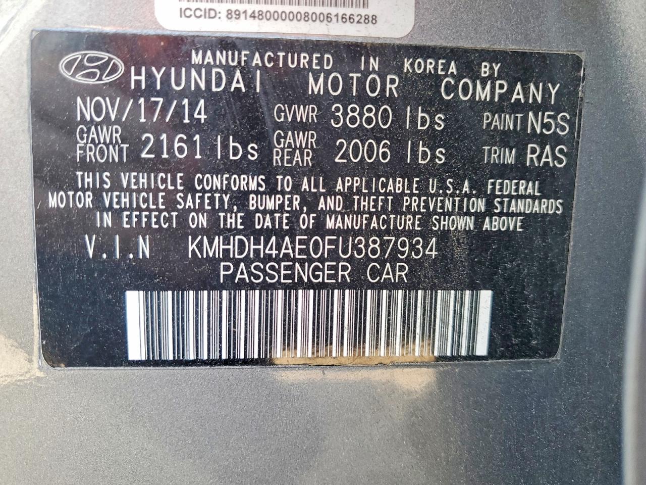 2015 Hyundai Elantra Se Gray vin: KMHDH4AE0FU387934