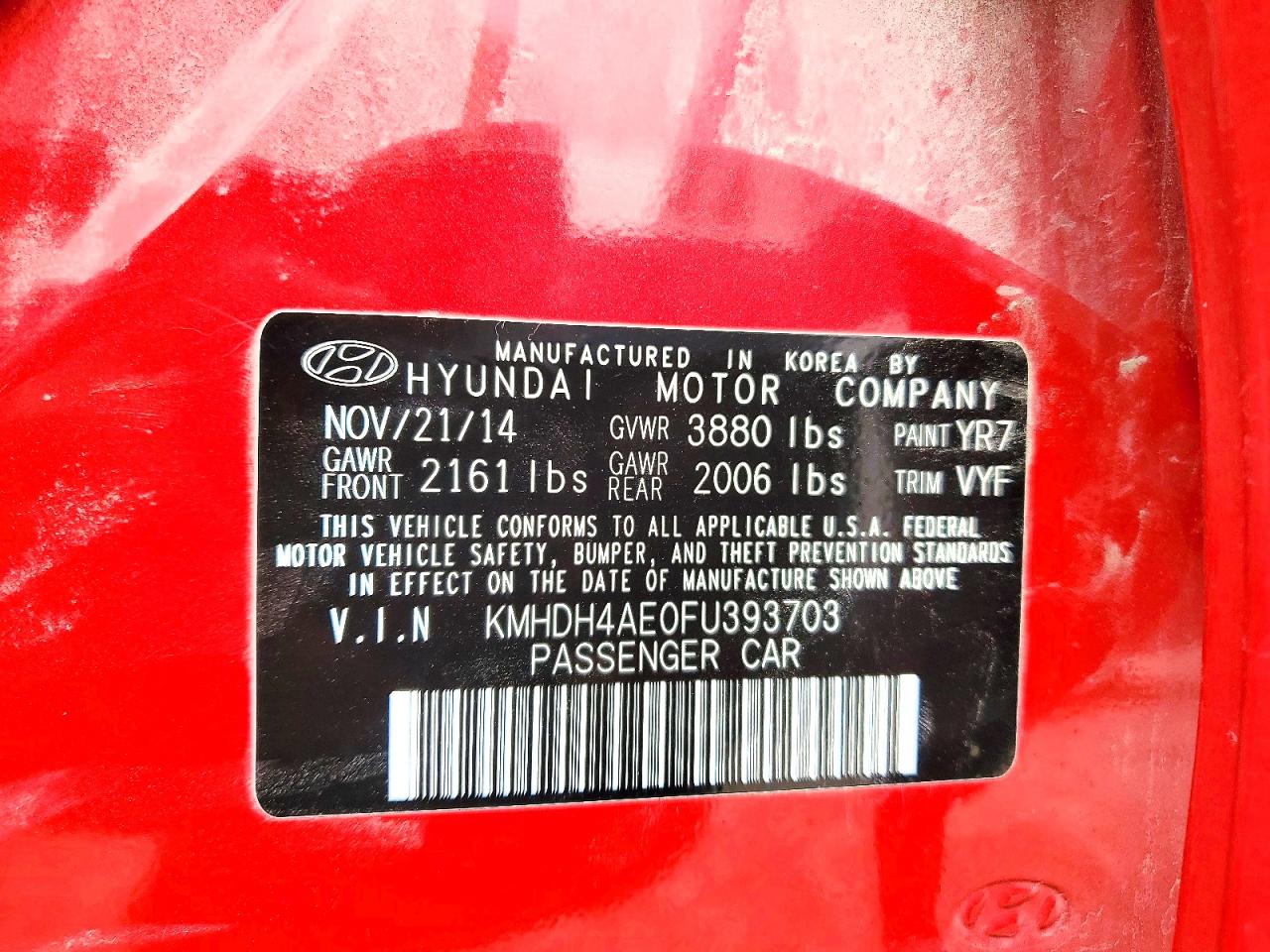 2015 Hyundai Elantra Limited Red vin: KMHDH4AE0FU393703