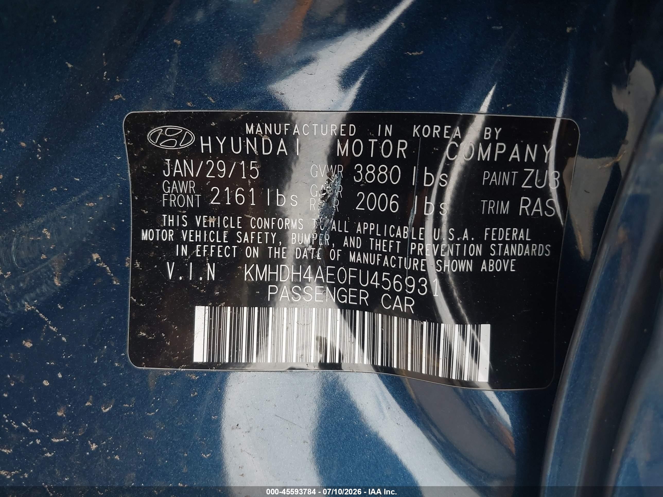 2015 Hyundai Elantra Se Blue vin: KMHDH4AE0FU456931