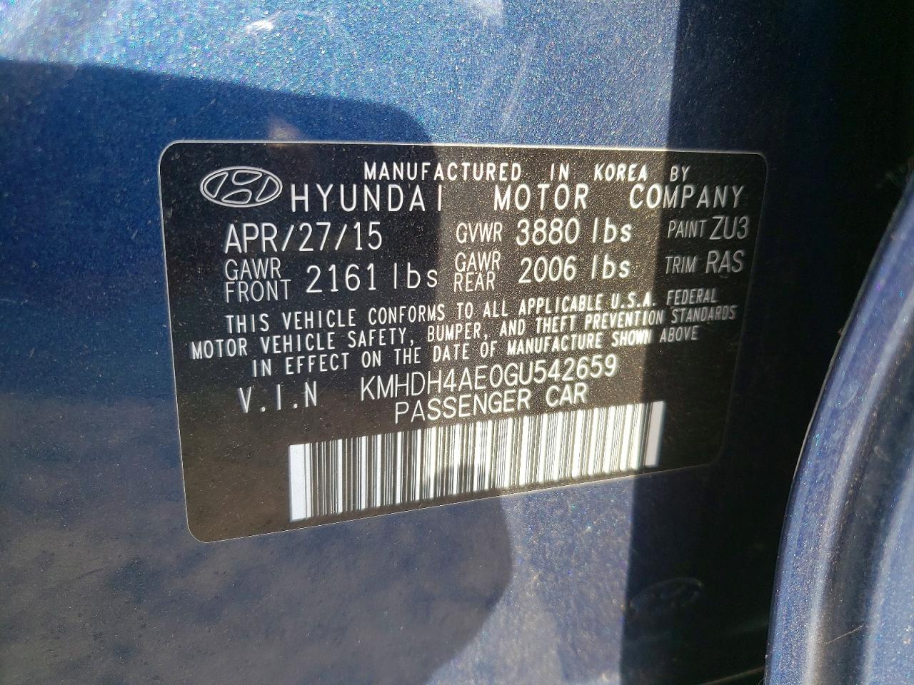2016 Hyundai Elantra Se Blue vin: KMHDH4AE0GU542659