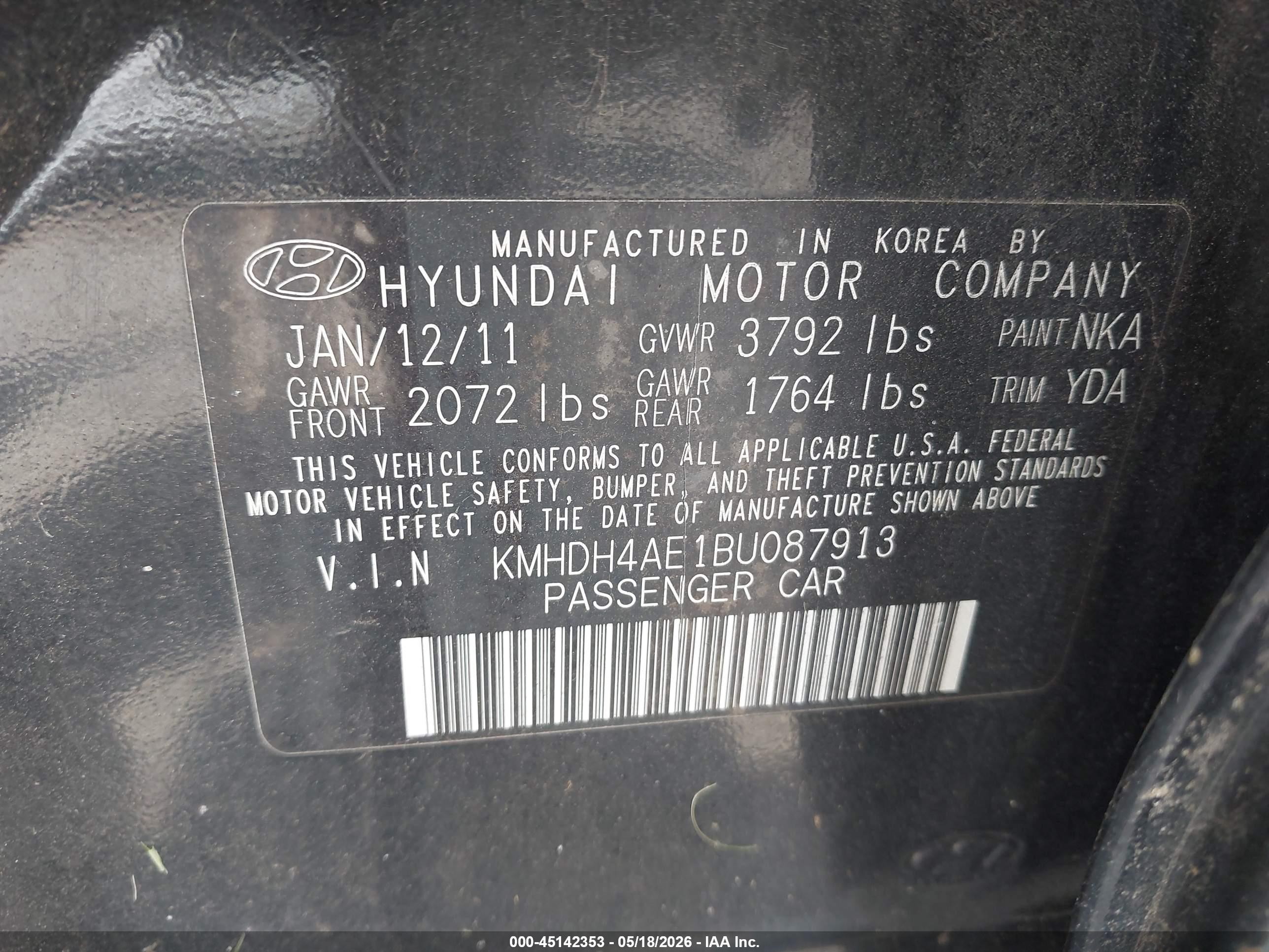 2011 Hyundai Elantra Gls (ulsan Plant) Black vin: KMHDH4AE1BU087913