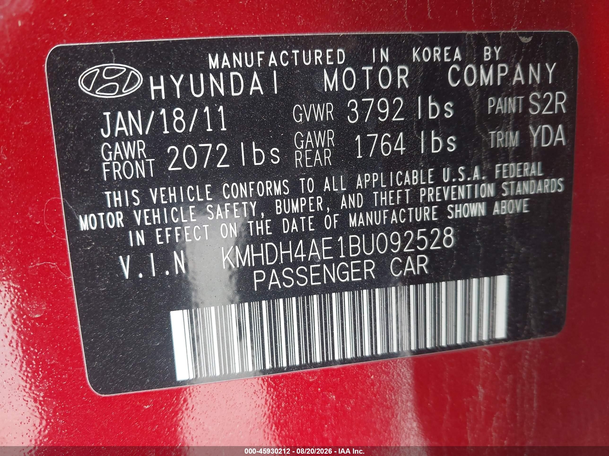 2011 Hyundai Elantra Limited (ulsan Plant) Red vin: KMHDH4AE1BU092528