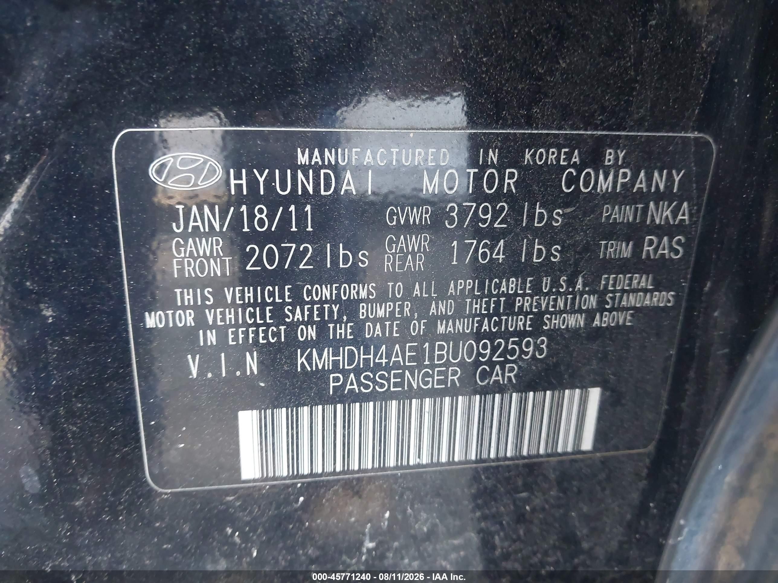 2011 Hyundai Elantra Limited (ulsan Plant) Black vin: KMHDH4AE1BU092593