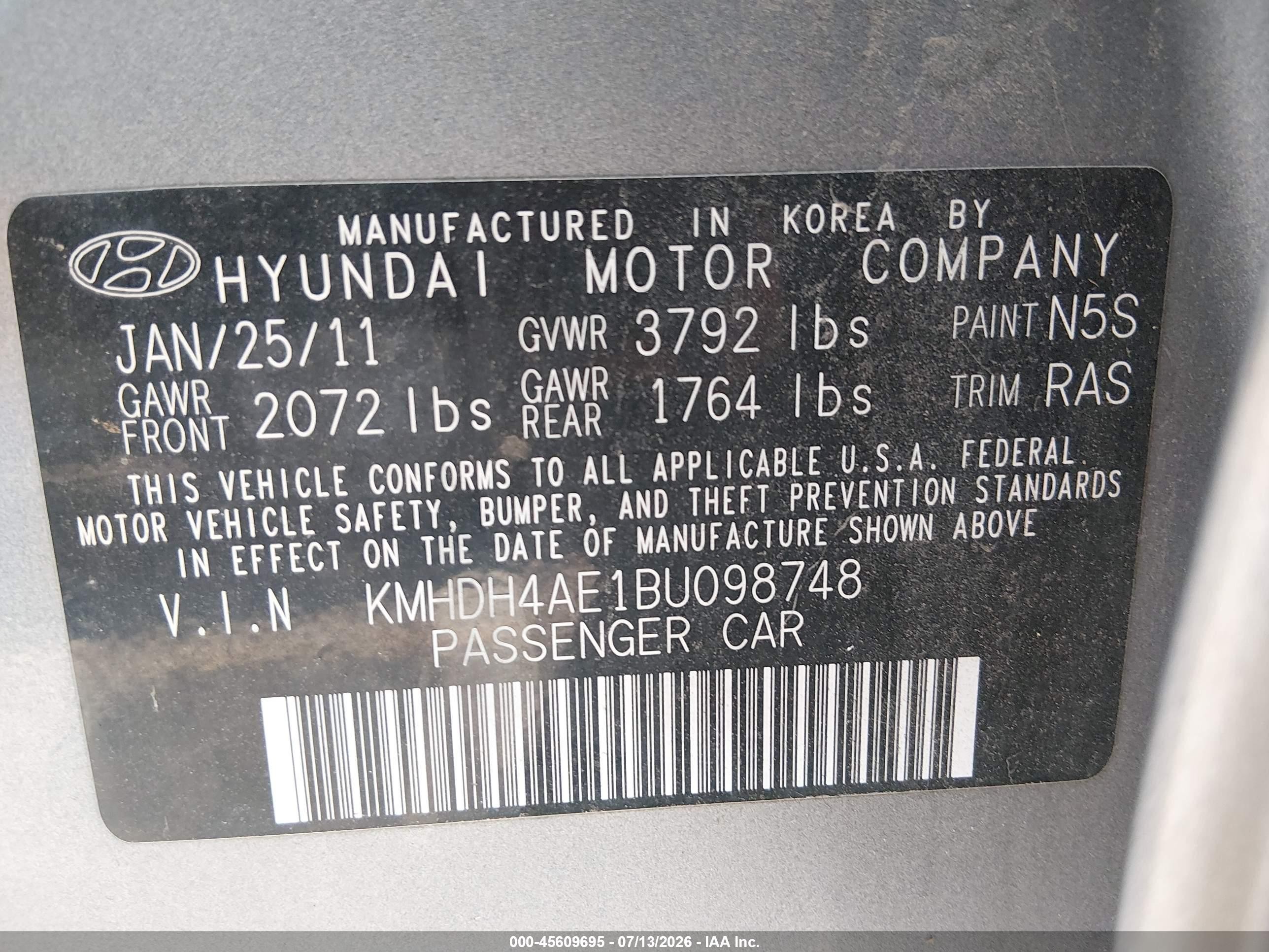 2011 Hyundai Elantra Limited (ulsan Plant) Серебряный vin: KMHDH4AE1BU098748