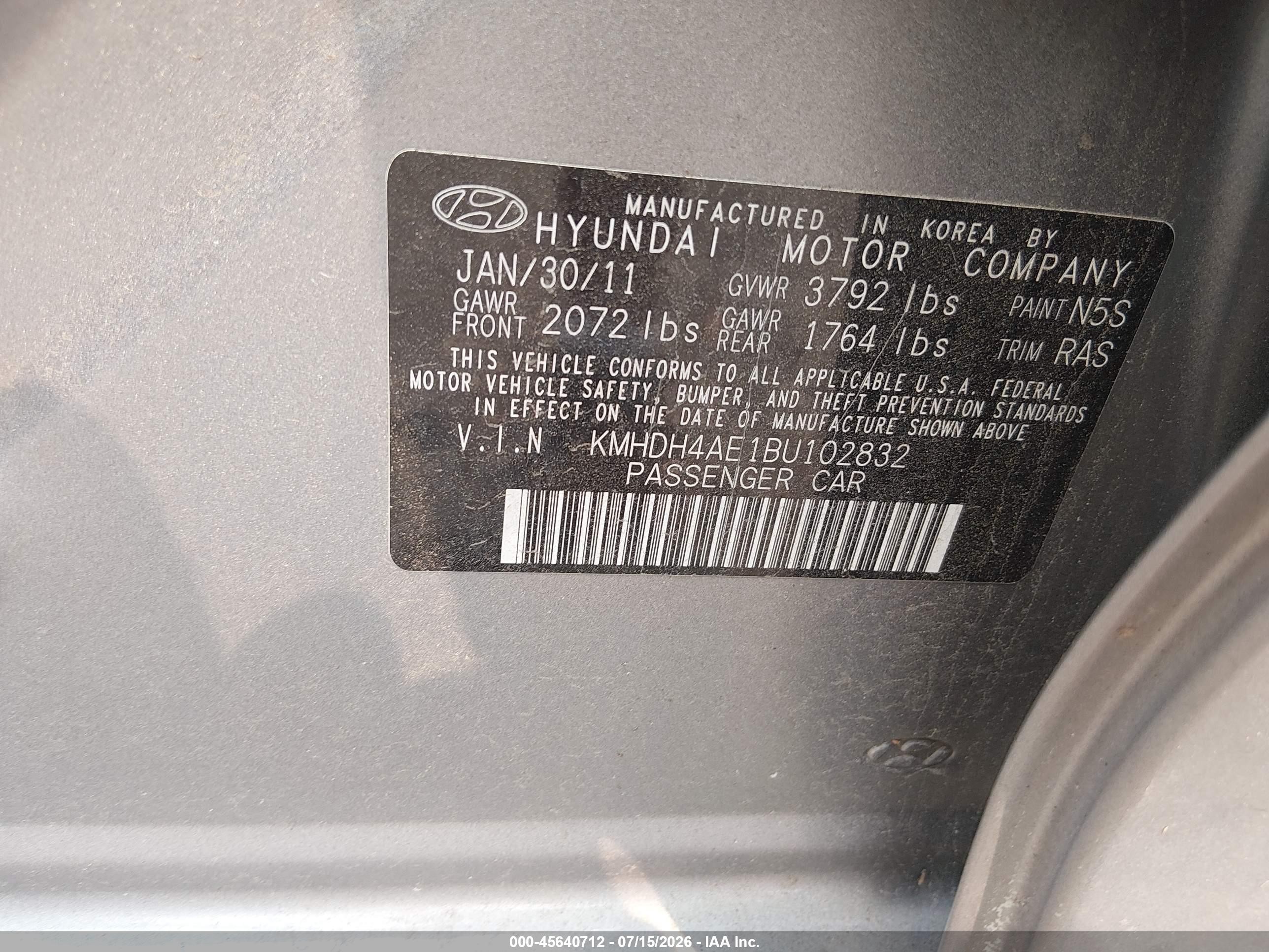 2011 Hyundai Elantra Gls (ulsan Plant) Gray vin: KMHDH4AE1BU102832