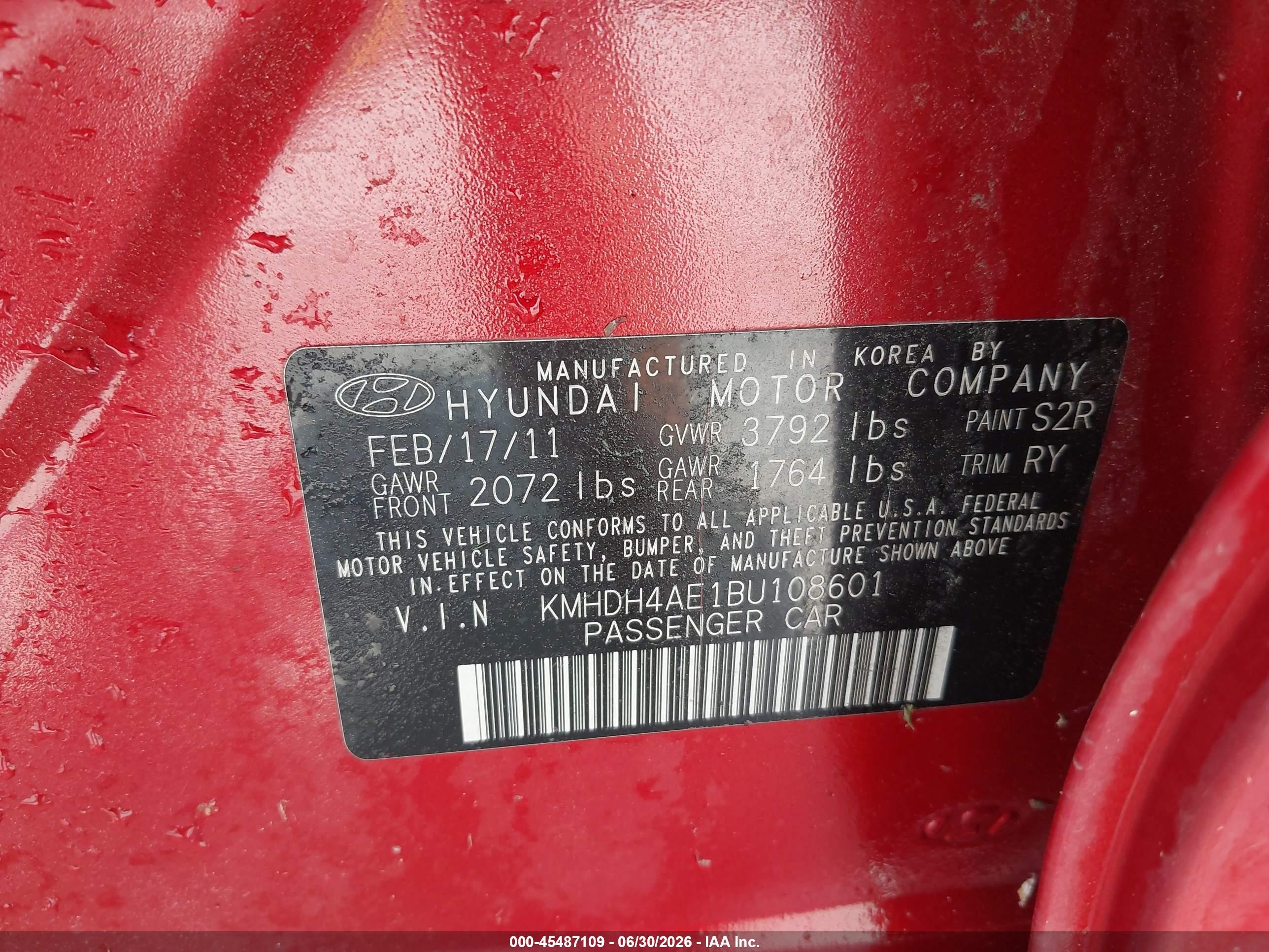 2011 Hyundai Elantra Limited (ulsan Plant) Красный vin: KMHDH4AE1BU108601