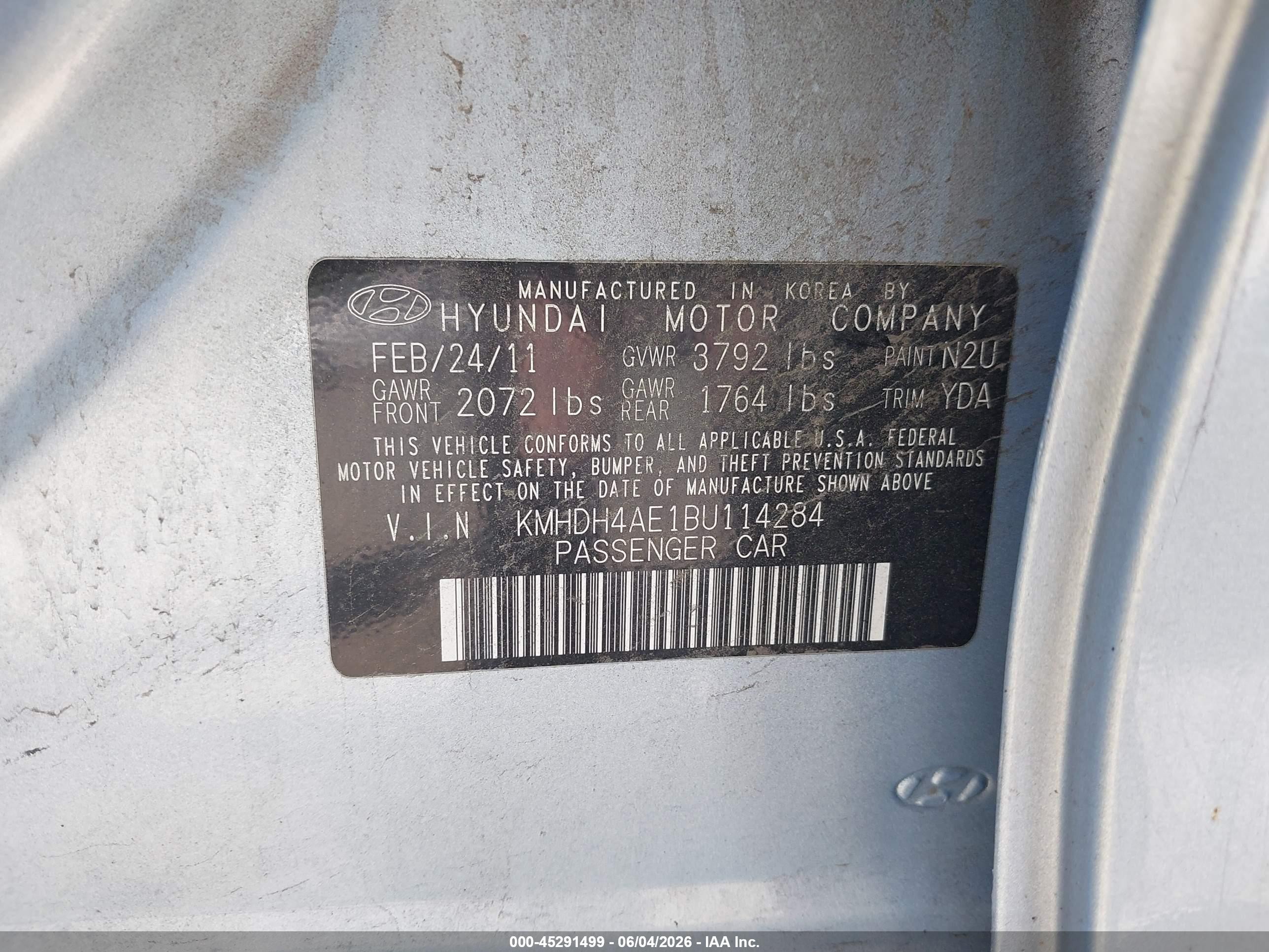 2011 Hyundai Elantra Gls (ulsan Plant) Light Blue vin: KMHDH4AE1BU114284