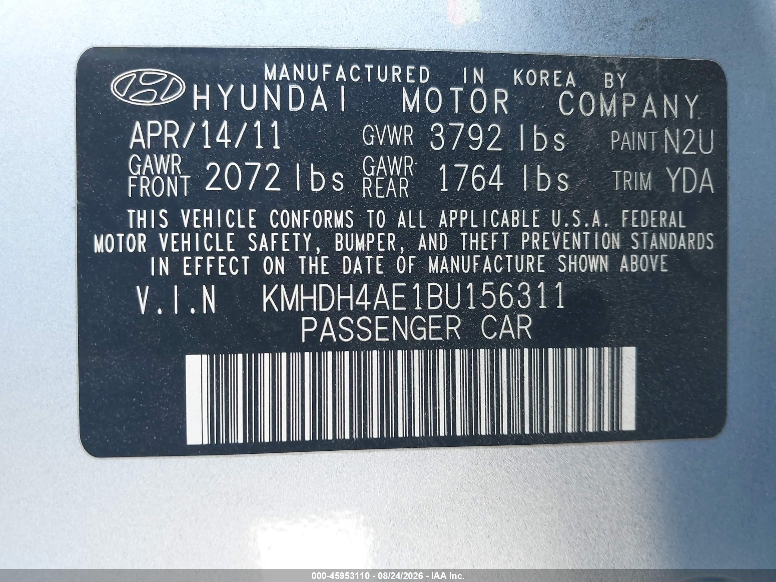 2011 Hyundai Elantra Gls (ulsan Plant) Light Blue vin: KMHDH4AE1BU156311