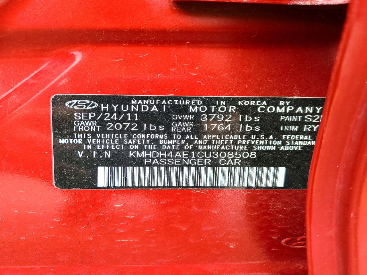 2012 Hyundai Elantra Limited Red vin: KMHDH4AE1CU308508