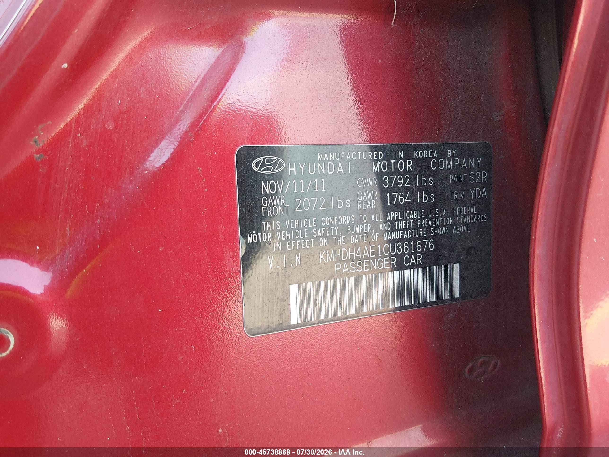 2012 Hyundai Elantra Gls (ulsan Plant) Red vin: KMHDH4AE1CU361676