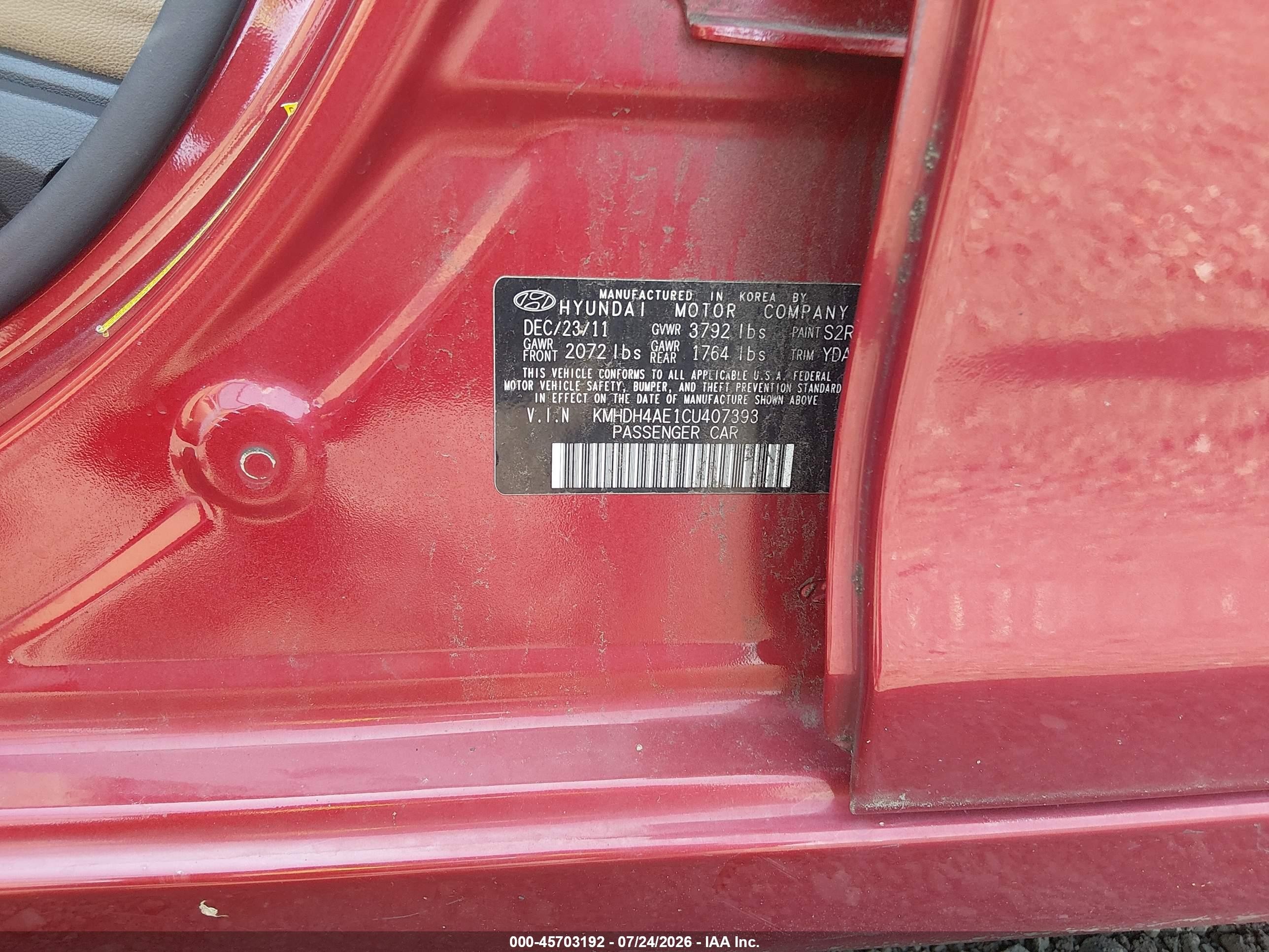 2012 Hyundai Elantra Limited (ulsan Plant) Red vin: KMHDH4AE1CU407393