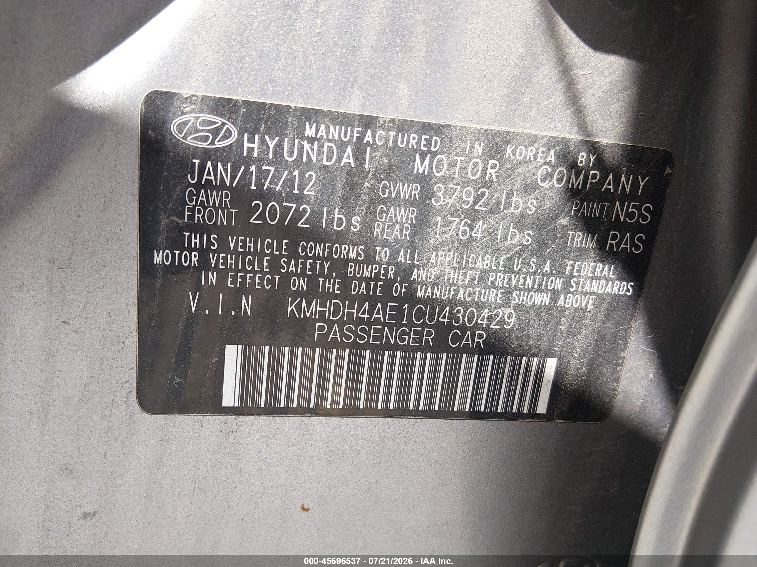 2012 Hyundai Elantra Gls (ulsan Plant) Silver vin: KMHDH4AE1CU430429