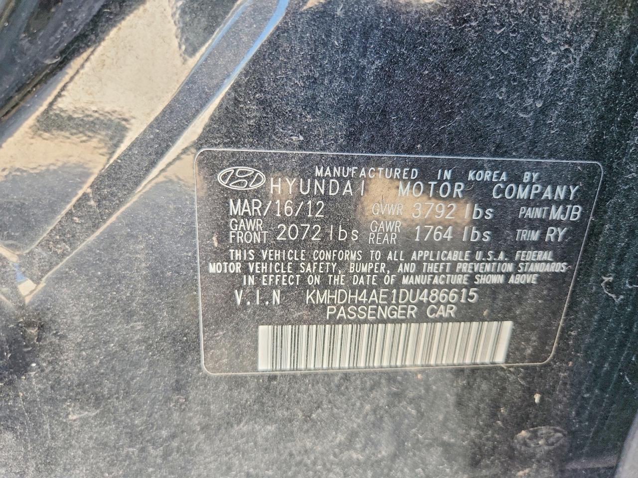 2013 Hyundai Elantra Limited Charcoal vin: KMHDH4AE1DU486615