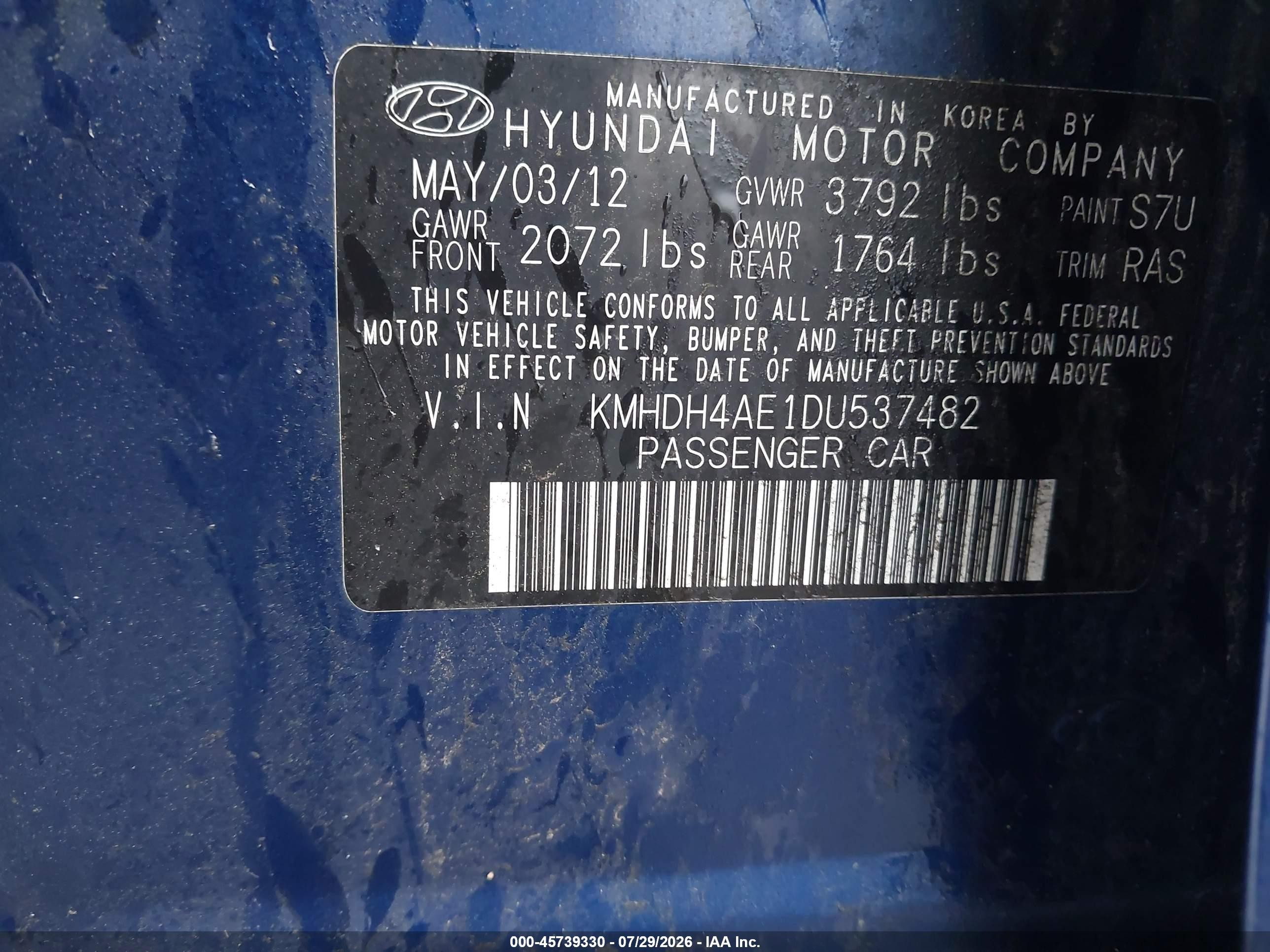 2013 Hyundai Elantra Gls Blue vin: KMHDH4AE1DU537482