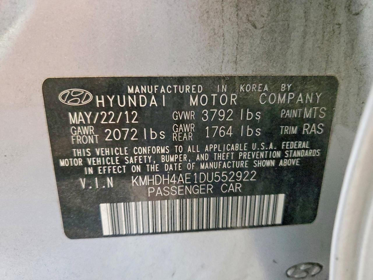 2013 Hyundai Elantra Limited Gray vin: KMHDH4AE1DU552922