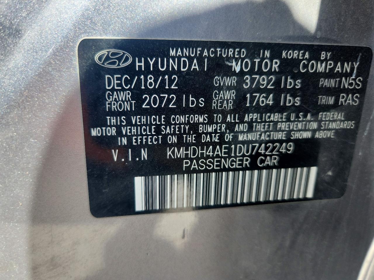 2013 Hyundai Elantra Gls Серый vin: KMHDH4AE1DU742249
