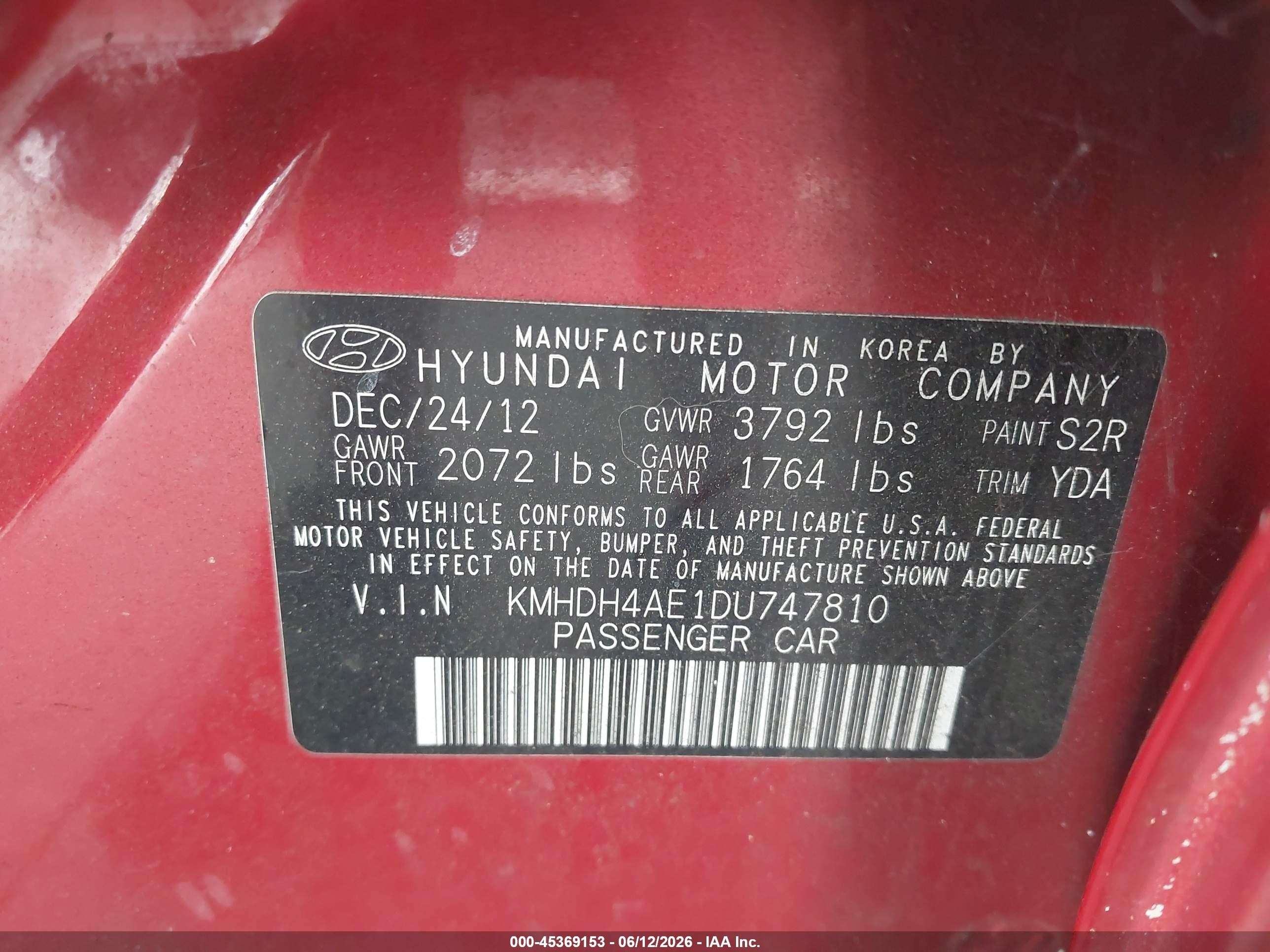 2013 Hyundai Elantra Gls Red vin: KMHDH4AE1DU747810