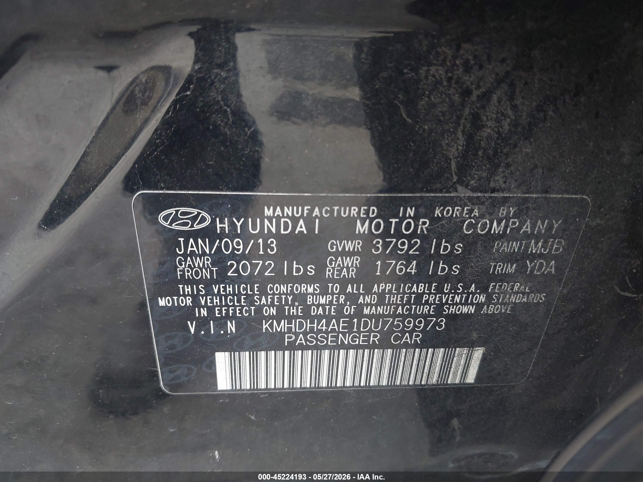 2013 Hyundai Elantra Gls Black vin: KMHDH4AE1DU759973