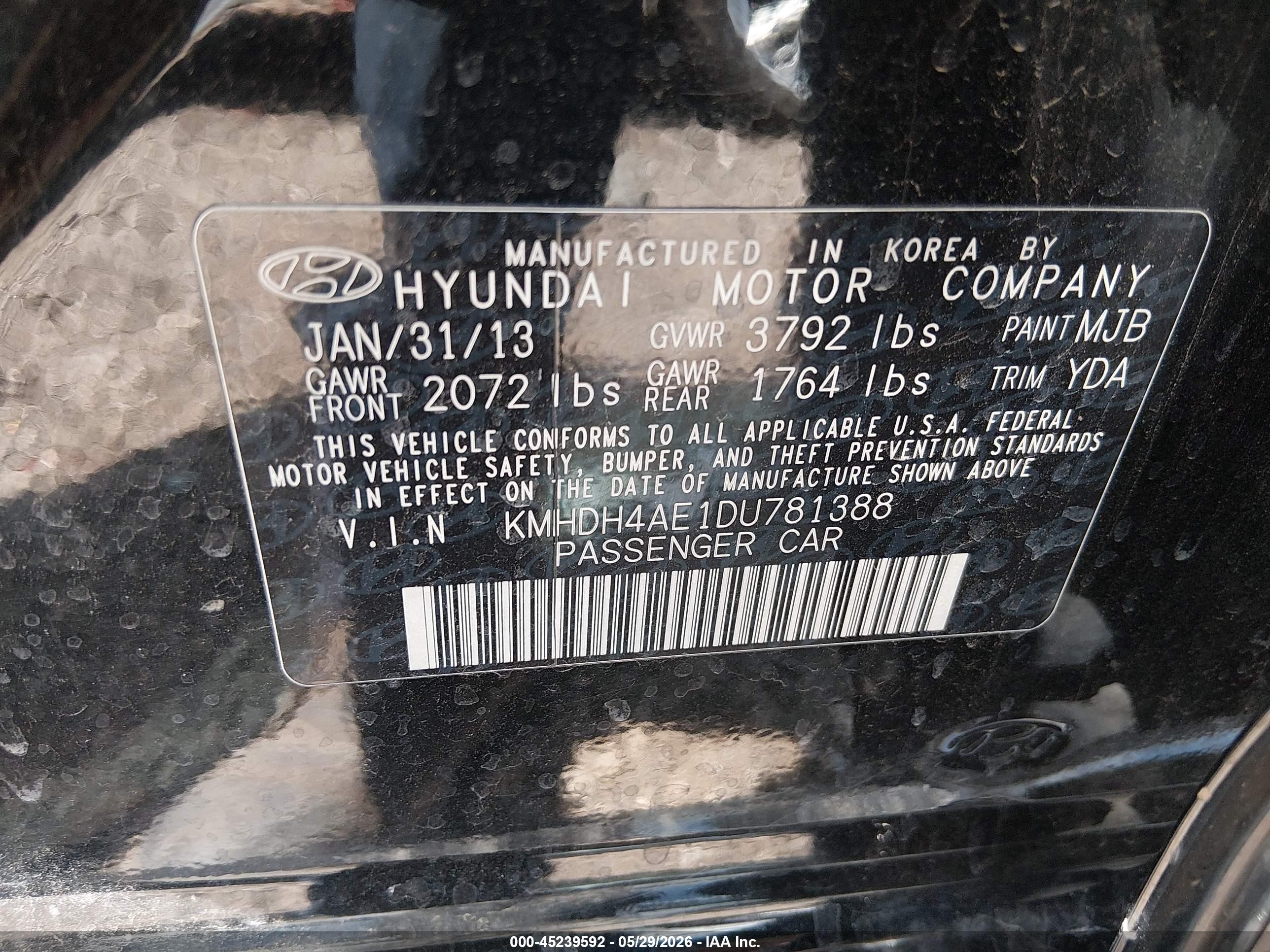 2013 Hyundai Elantra Gls (ulsan Plant) Black vin: KMHDH4AE1DU781388