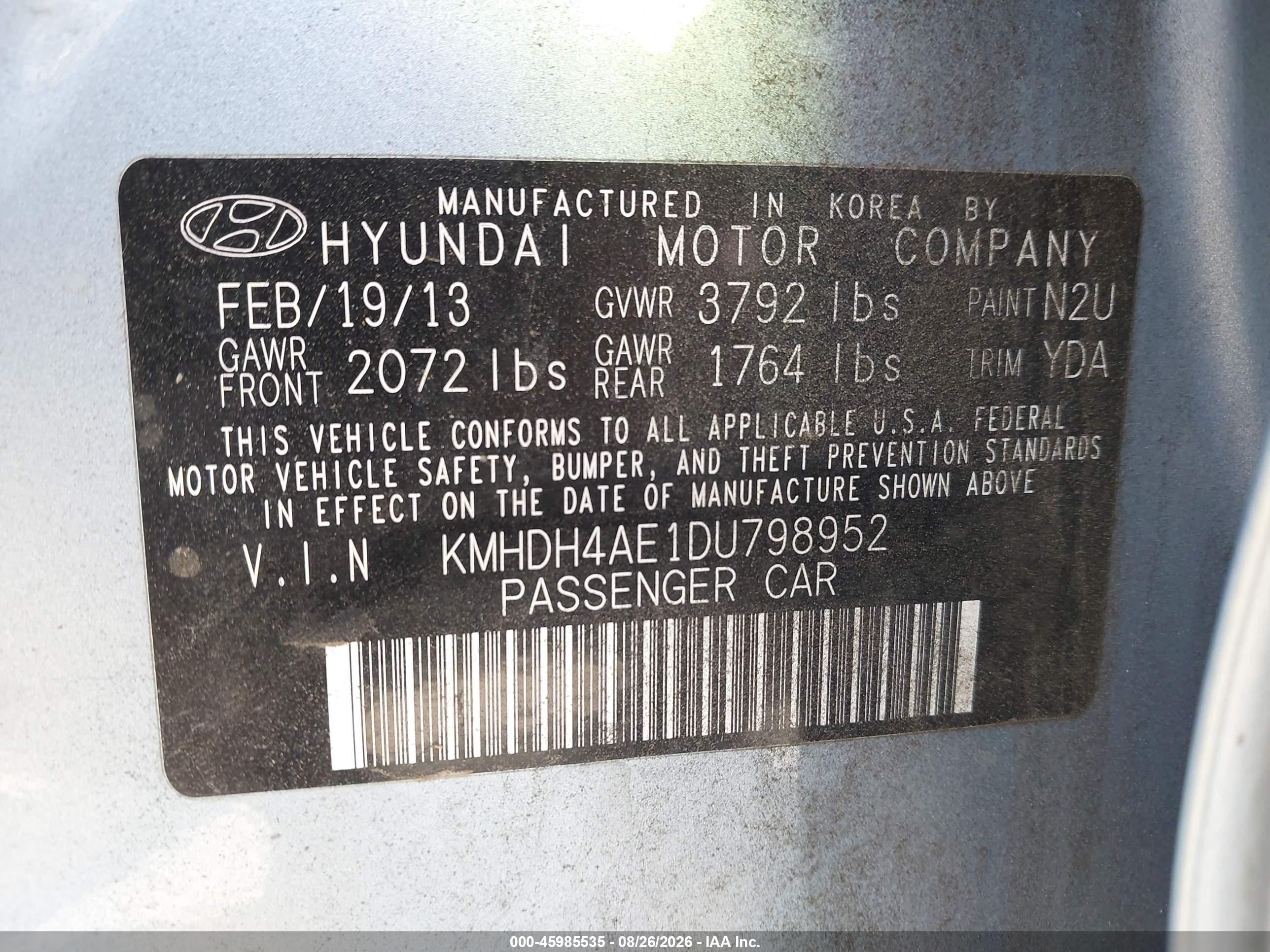 2013 Hyundai Elantra Gls Light Blue vin: KMHDH4AE1DU798952