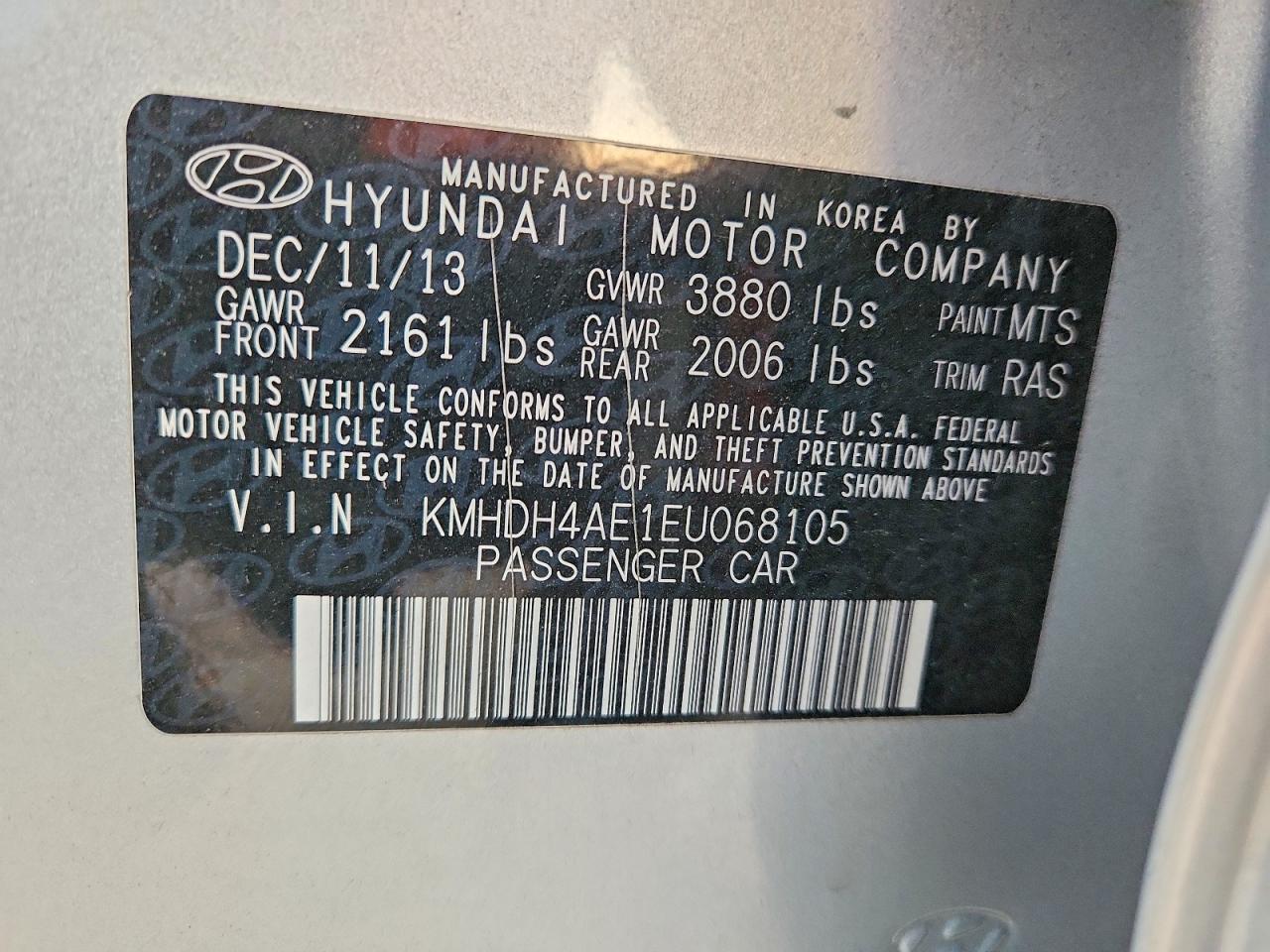 2014 Hyundai Elantra Se Silver vin: KMHDH4AE1EU068105