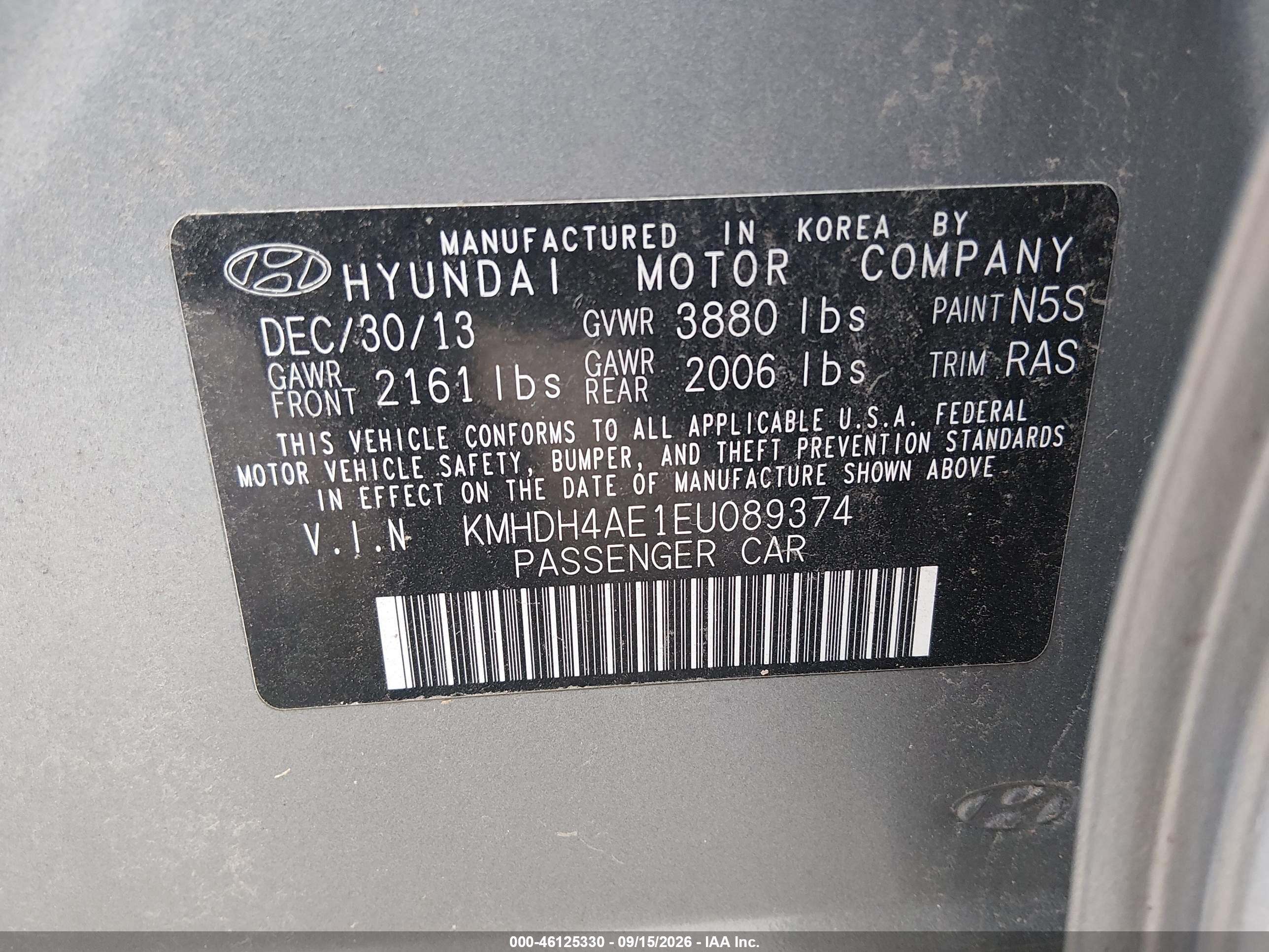 2014 Hyundai Elantra Se Gray vin: KMHDH4AE1EU089374
