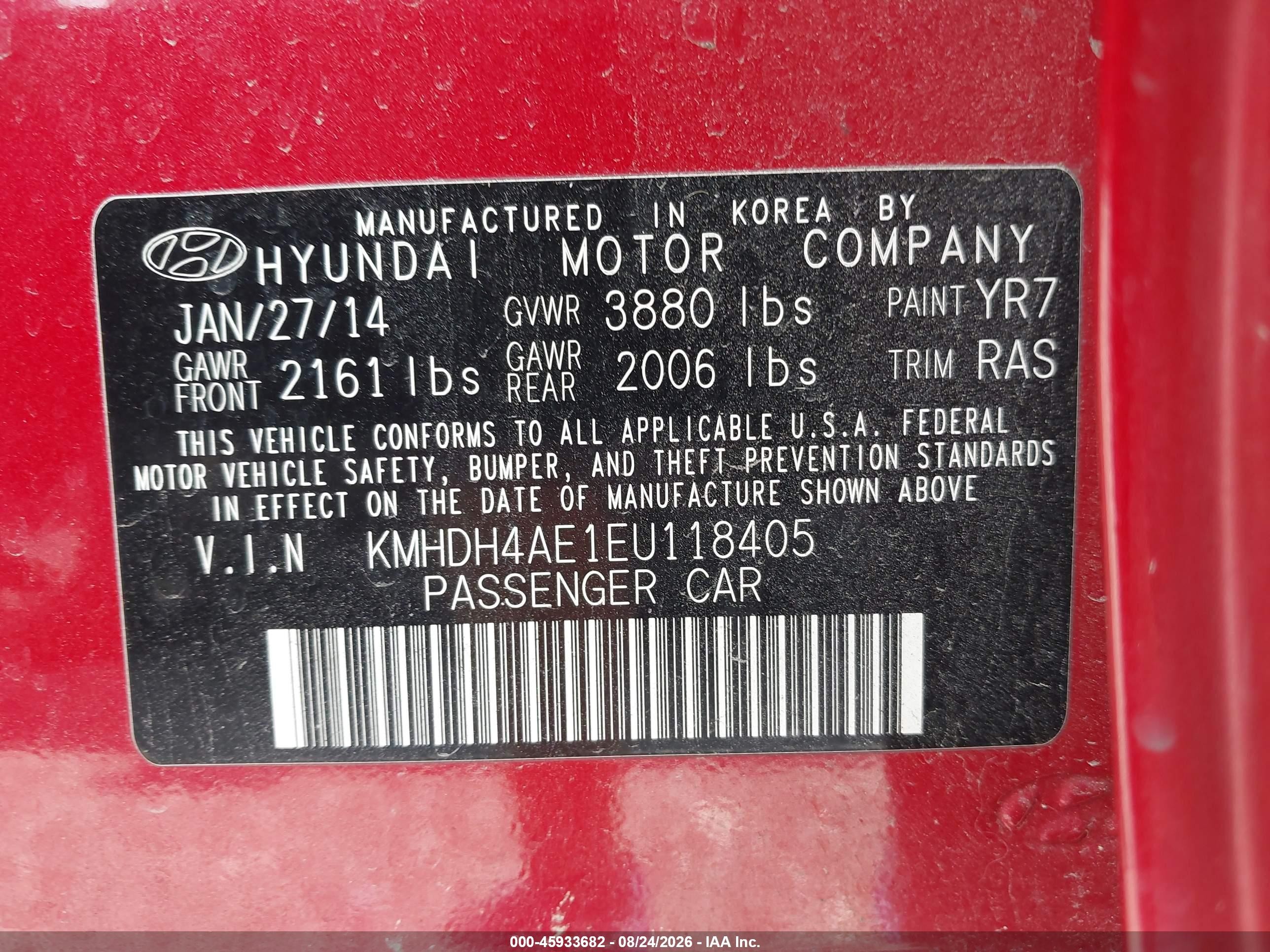 2014 Hyundai Elantra Se Red vin: KMHDH4AE1EU118405
