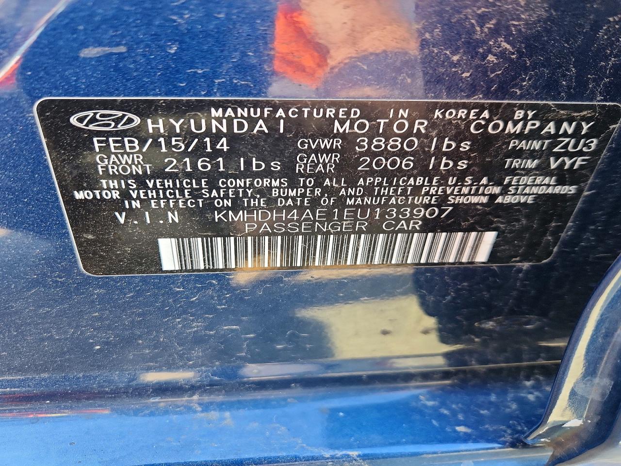 2014 Hyundai Elantra Se Blue vin: KMHDH4AE1EU133907