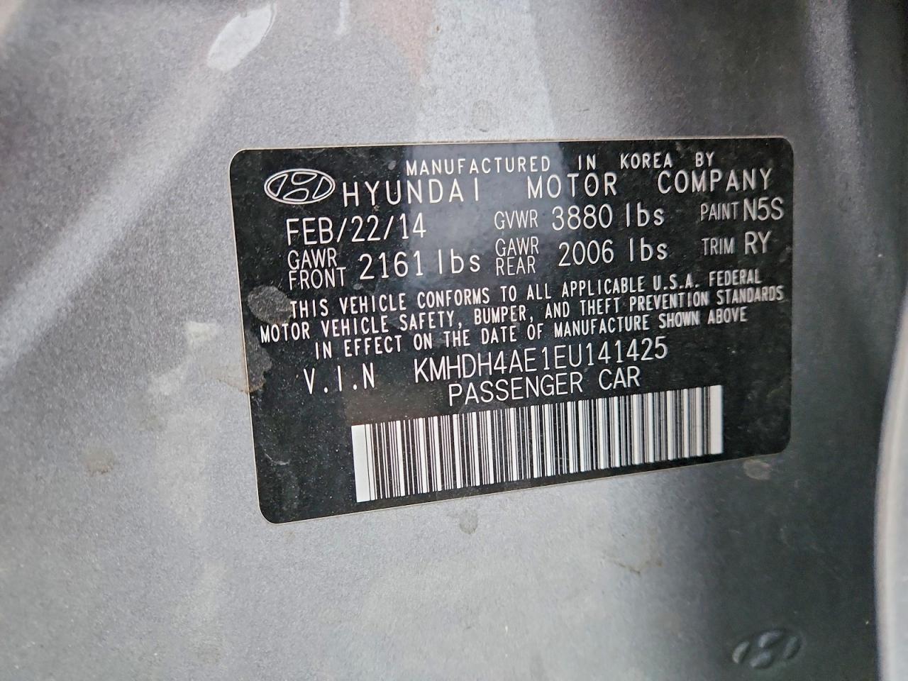 2014 Hyundai Elantra Limited Gray vin: KMHDH4AE1EU141425