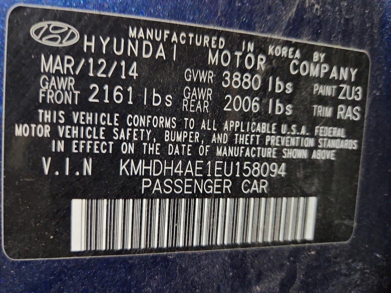 2014 Hyundai Elantra Se Blue vin: KMHDH4AE1EU158094