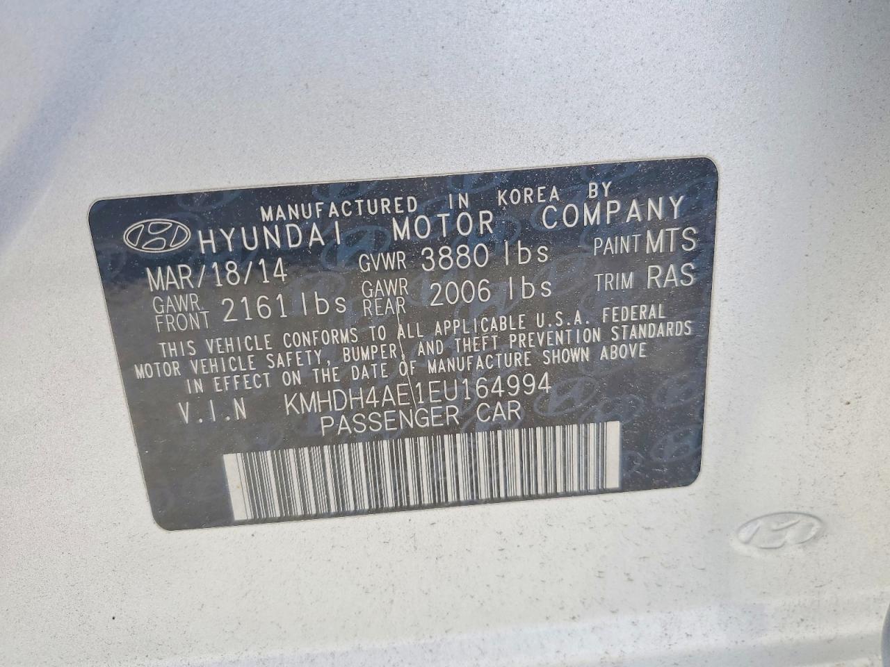 2014 Hyundai Elantra Se Silver vin: KMHDH4AE1EU164994