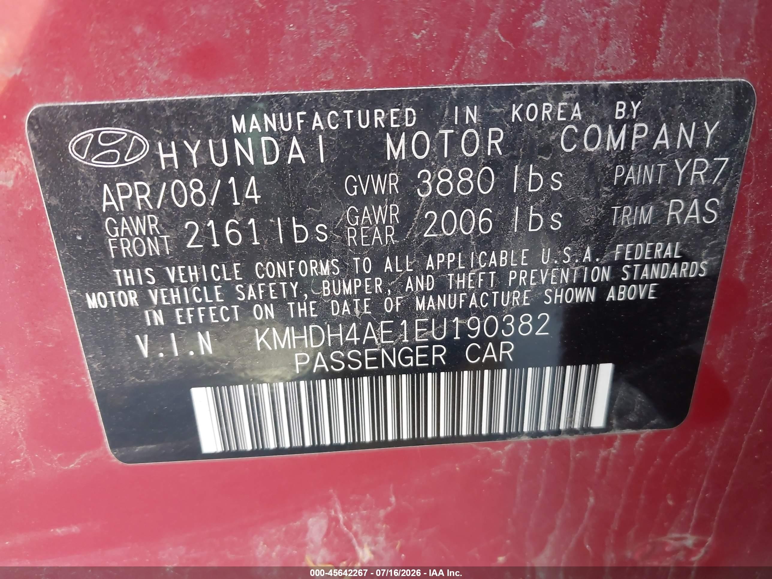 2014 Hyundai Elantra Se Red vin: KMHDH4AE1EU190382