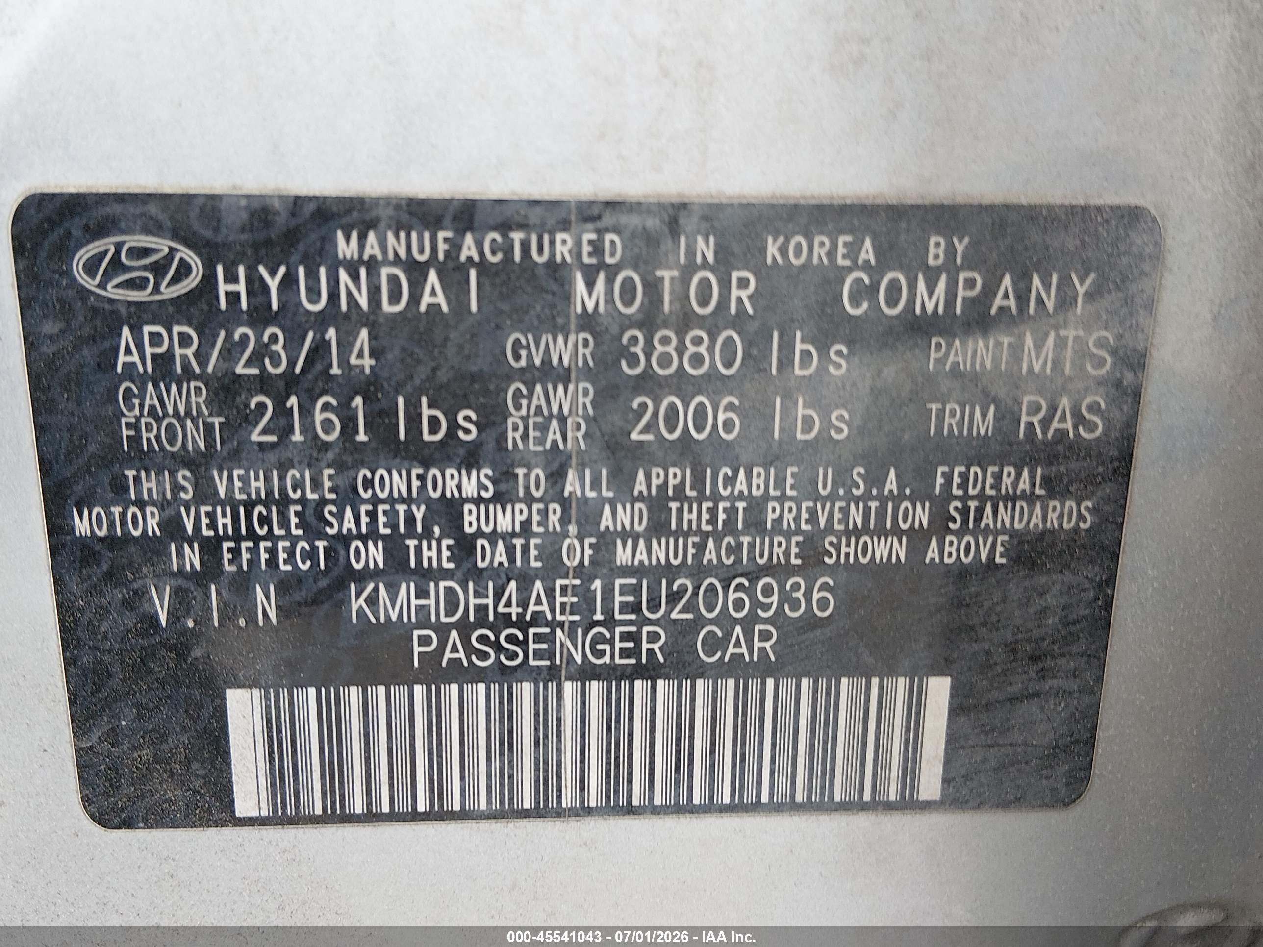 2014 Hyundai Elantra Se Silver vin: KMHDH4AE1EU206936