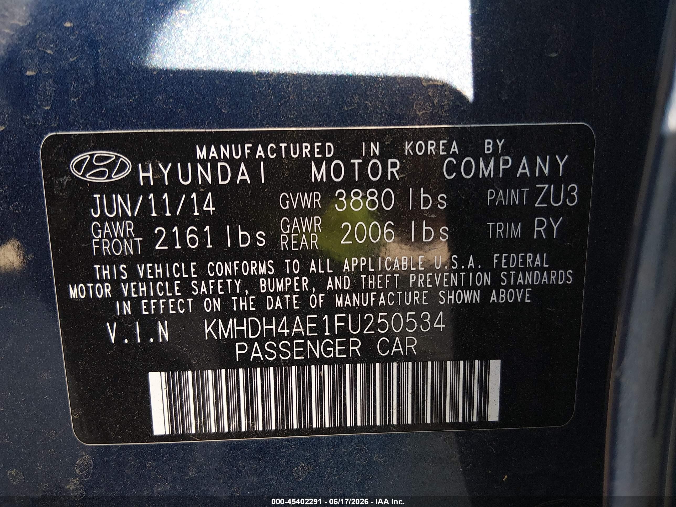 2015 Hyundai Elantra Se Blue vin: KMHDH4AE1FU250534