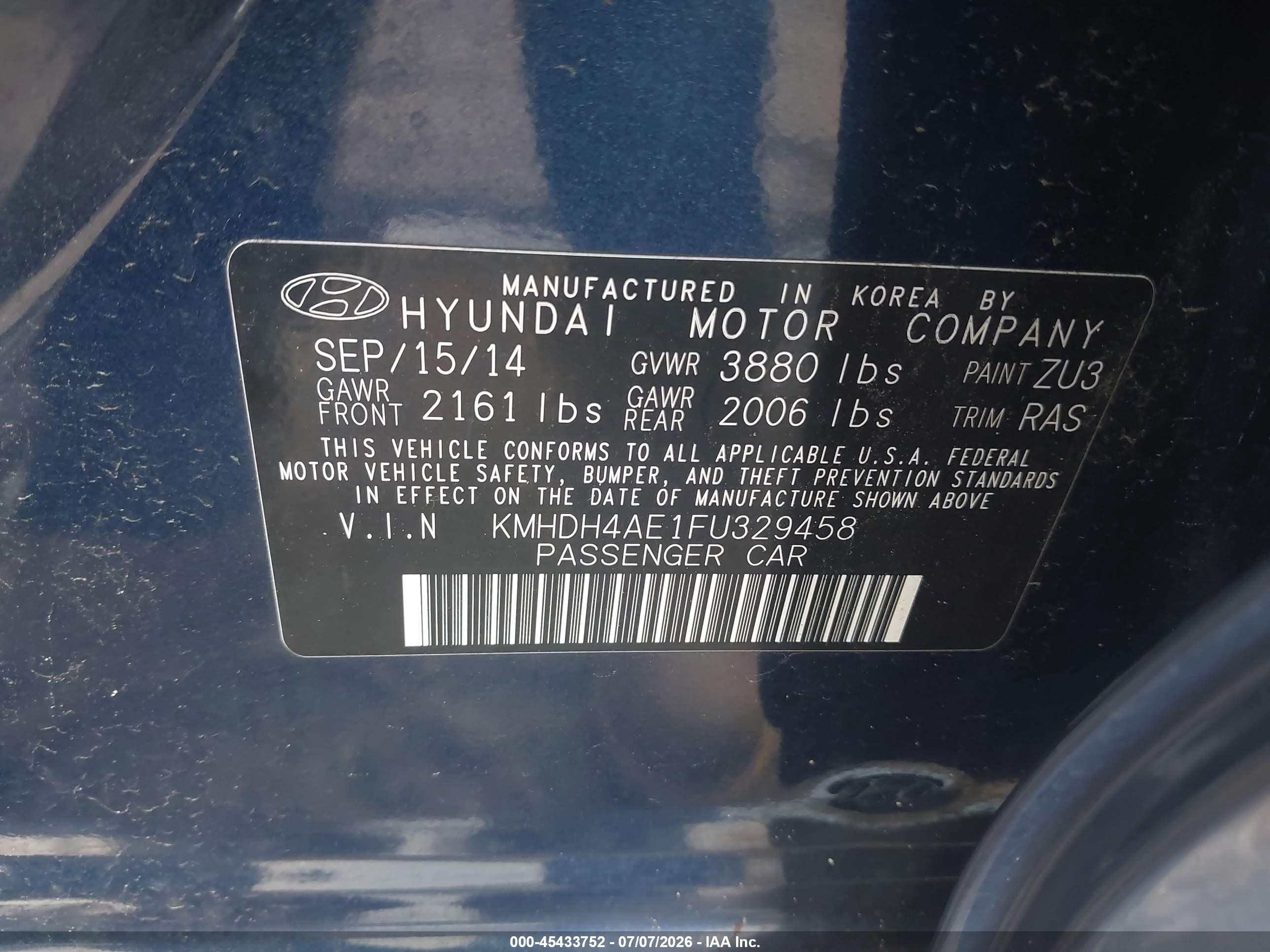 2015 Hyundai Elantra Se Blue vin: KMHDH4AE1FU329458