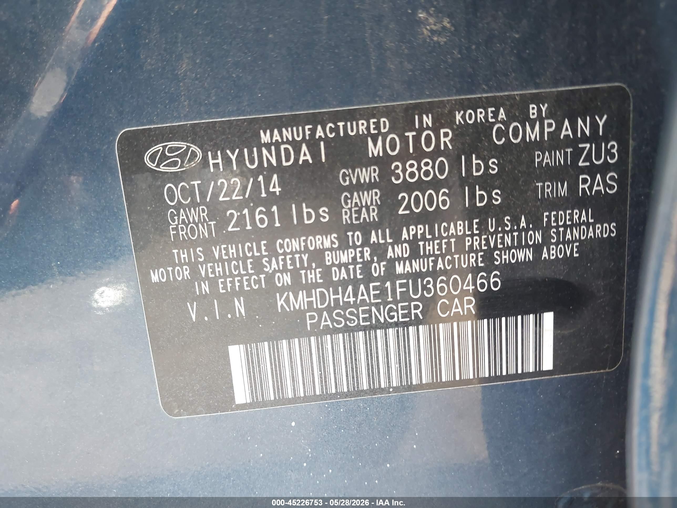 2015 Hyundai Elantra Se Blue vin: KMHDH4AE1FU360466