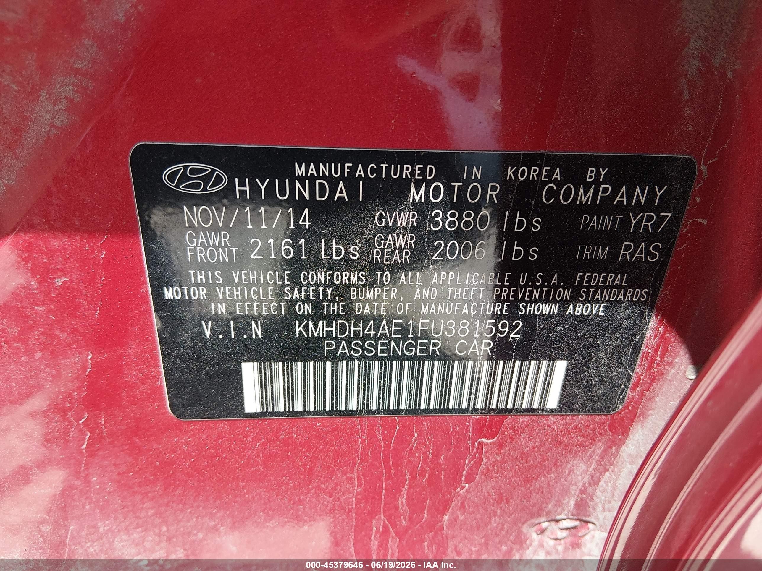 2015 Hyundai Elantra Se Red vin: KMHDH4AE1FU381592