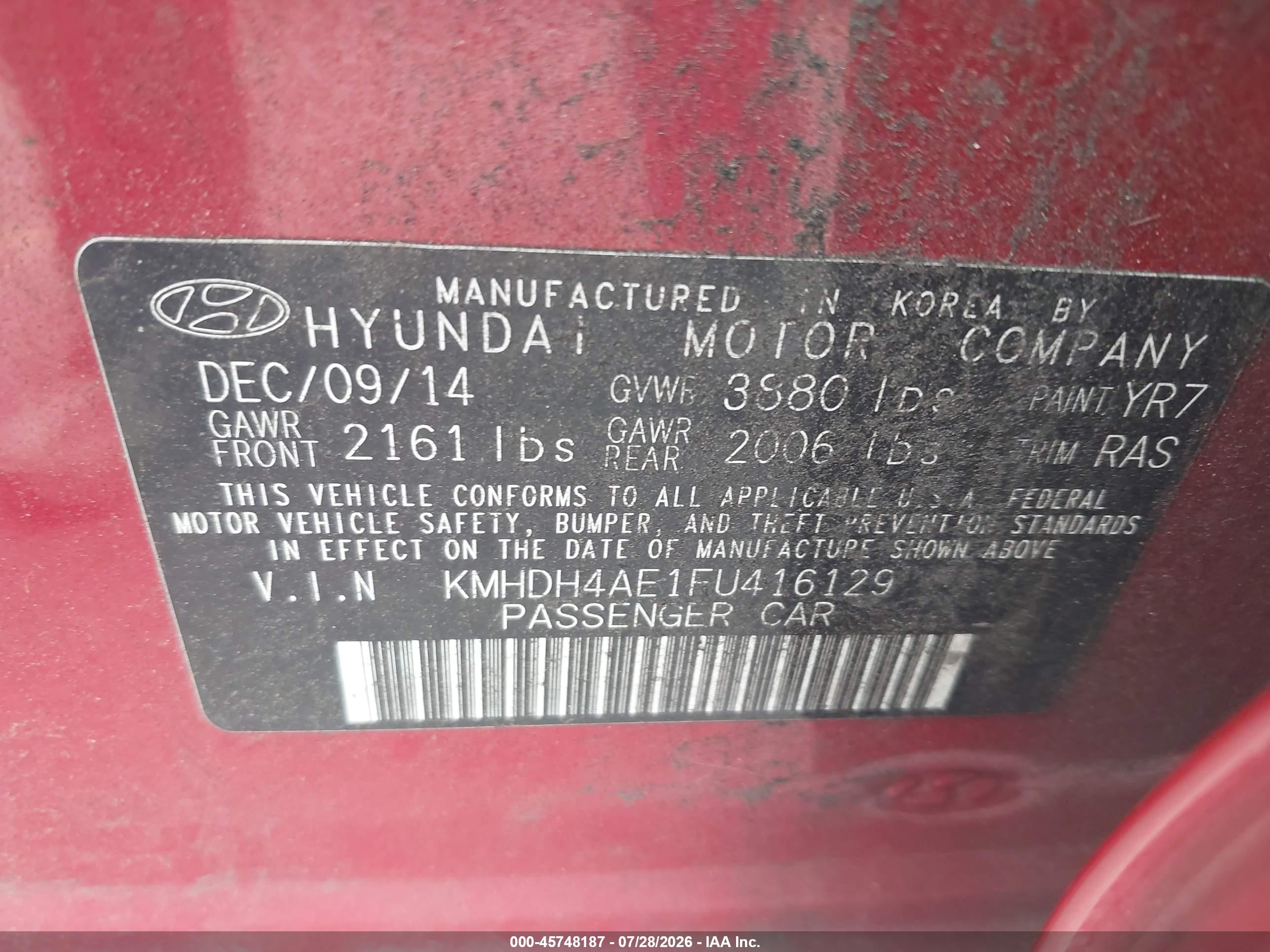 2015 Hyundai Elantra Se Burgundy vin: KMHDH4AE1FU416129