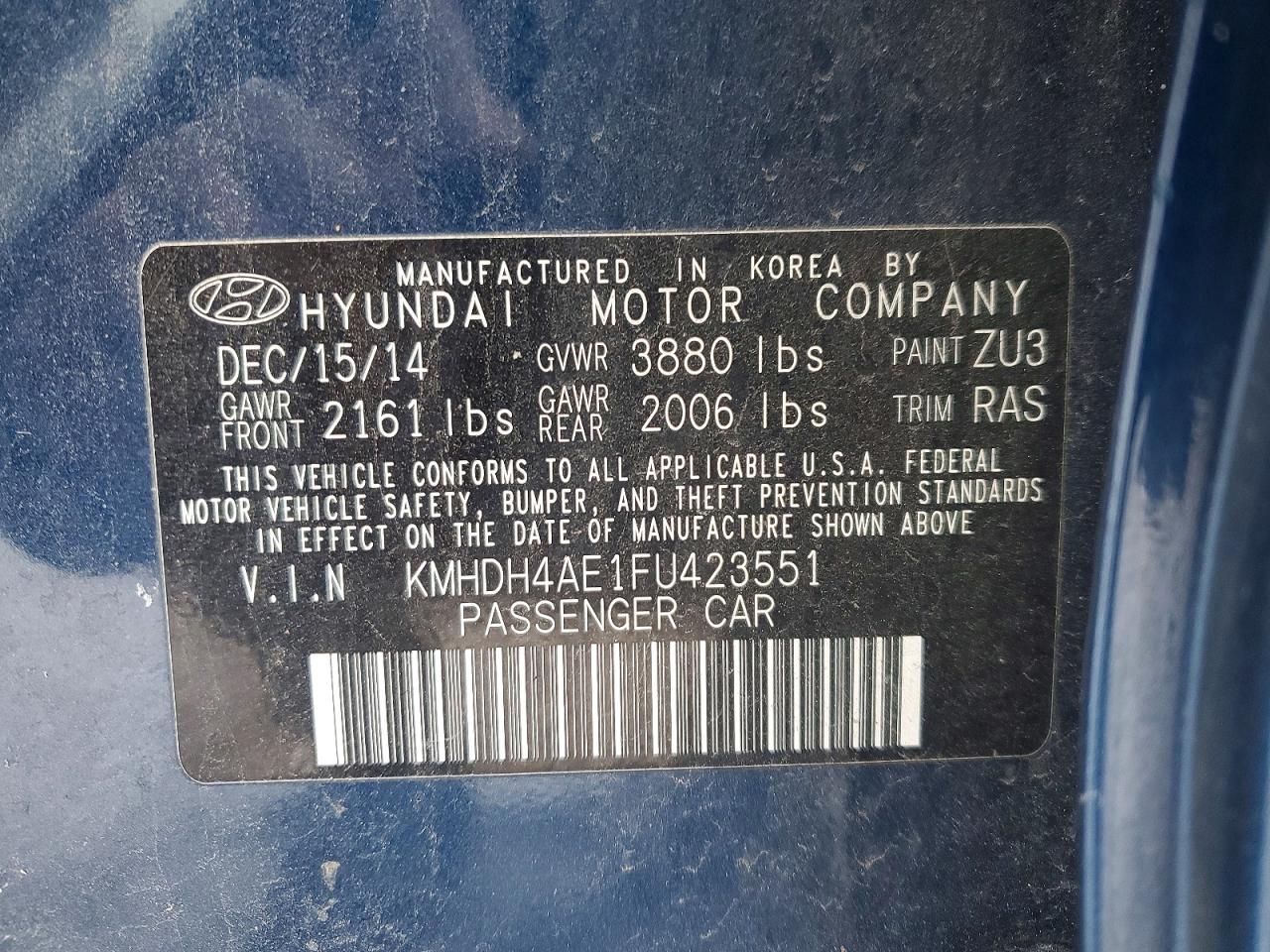 2015 Hyundai Elantra Se Blue vin: KMHDH4AE1FU423551